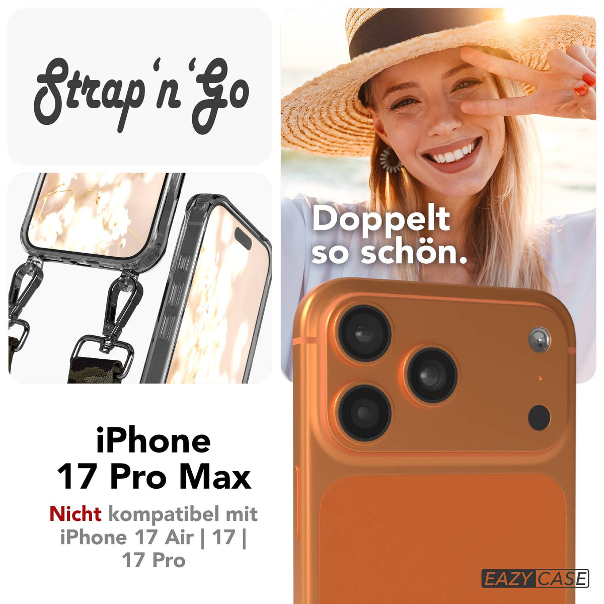 iPhone 17 Pro Max Handykette mit Boho Band verstellbar EAZY CASE #farbe_grun-camouflage-metallfarbe-silber
