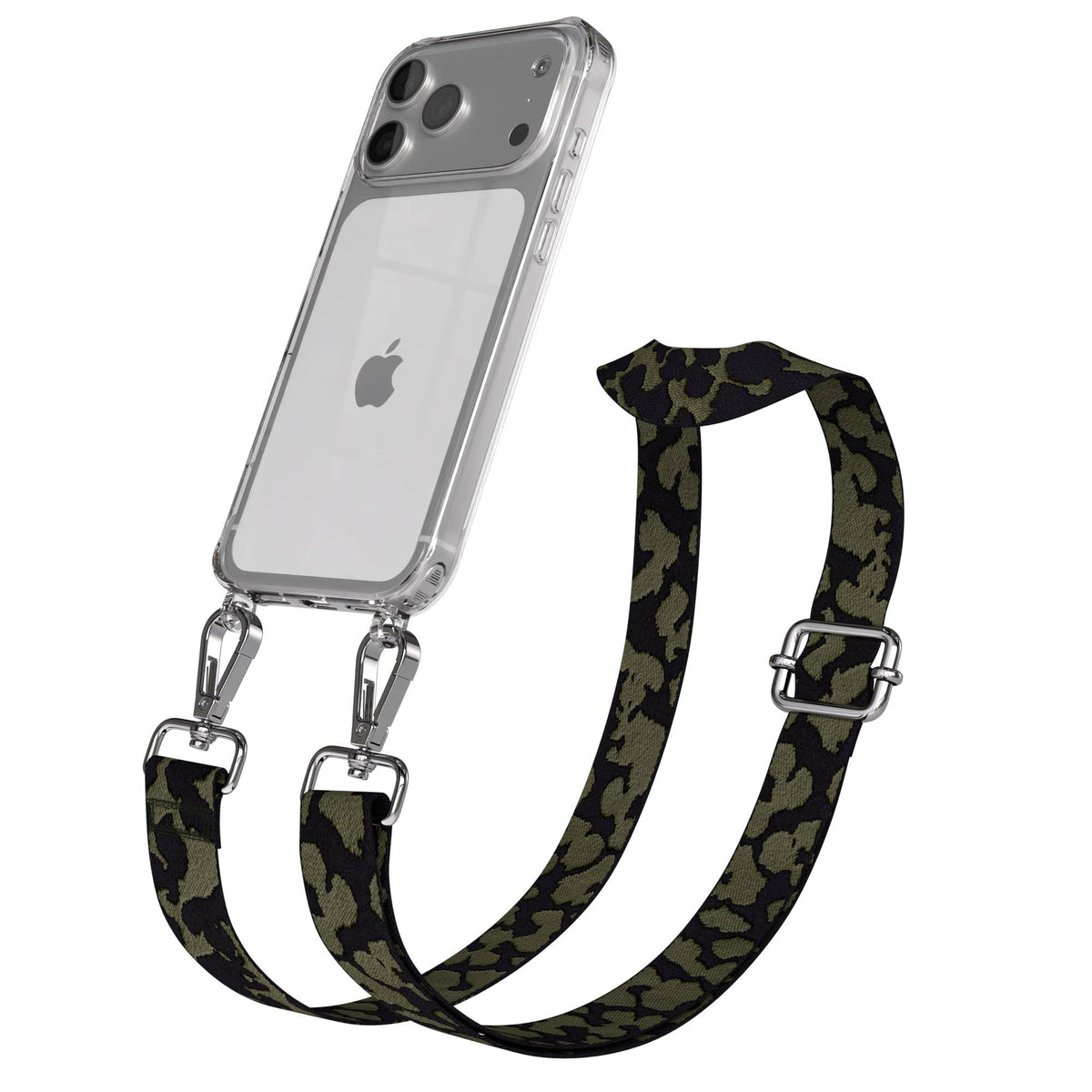 iPhone 17 Pro Max Handykette mit Boho Band verstellbar EAZY CASE #farbe_dunkelgrun-camouflage-metallfarbe-silber