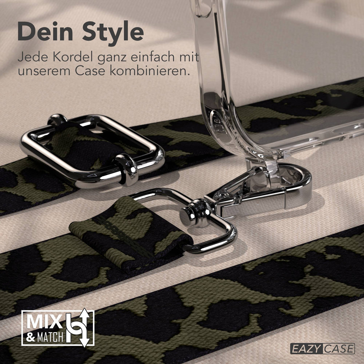 iPhone 17 Pro Max Handykette mit Boho Band verstellbar EAZY CASE #farbe_dunkelgrun-camouflage-metallfarbe-silber