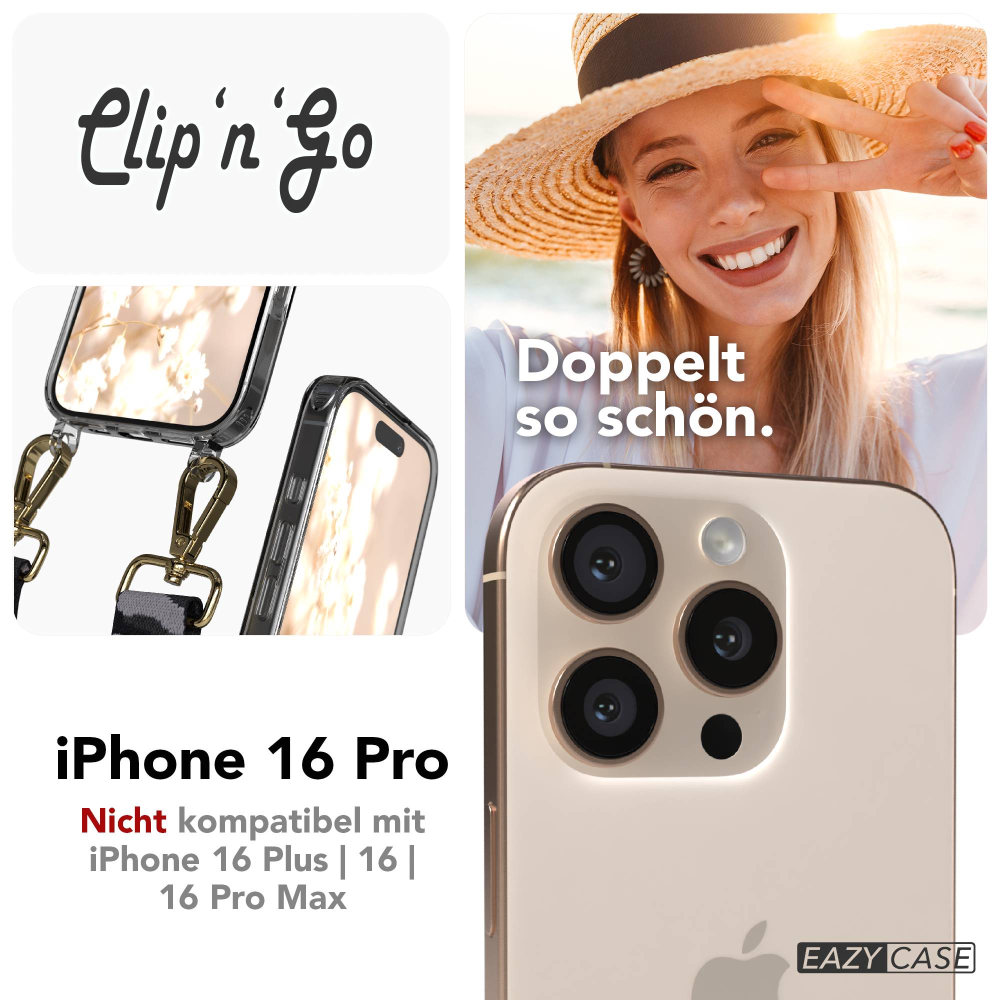 iPhone 16 Pro MagSafe Handykette mit Boho Band Umhängeband #farbe_grau-camouflage-metallfarbe-gold