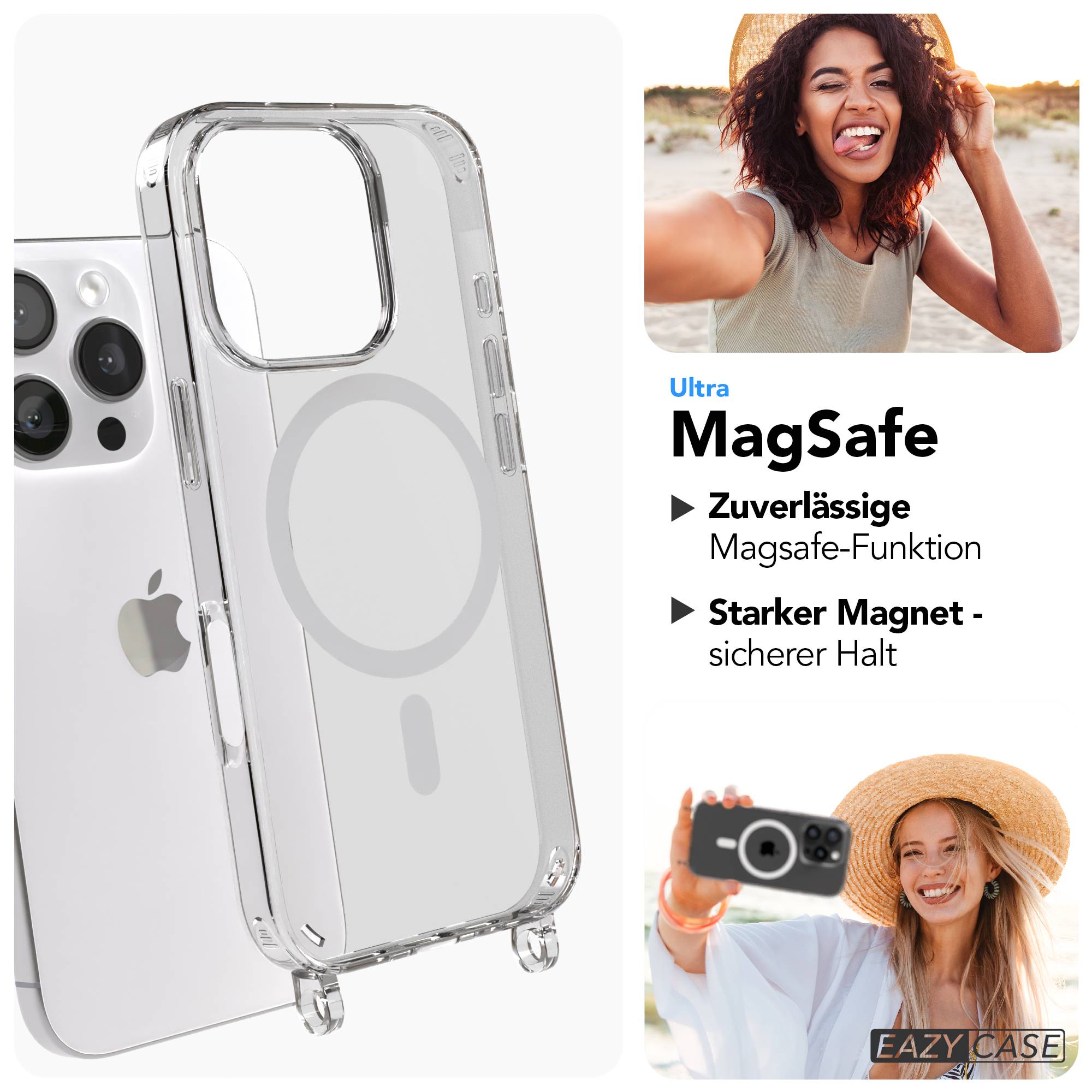 iPhone 16 Pro MagSafe Handykette mit Boho Band Umhängeband #farbe_grau-camouflage-metallfarbe-gold