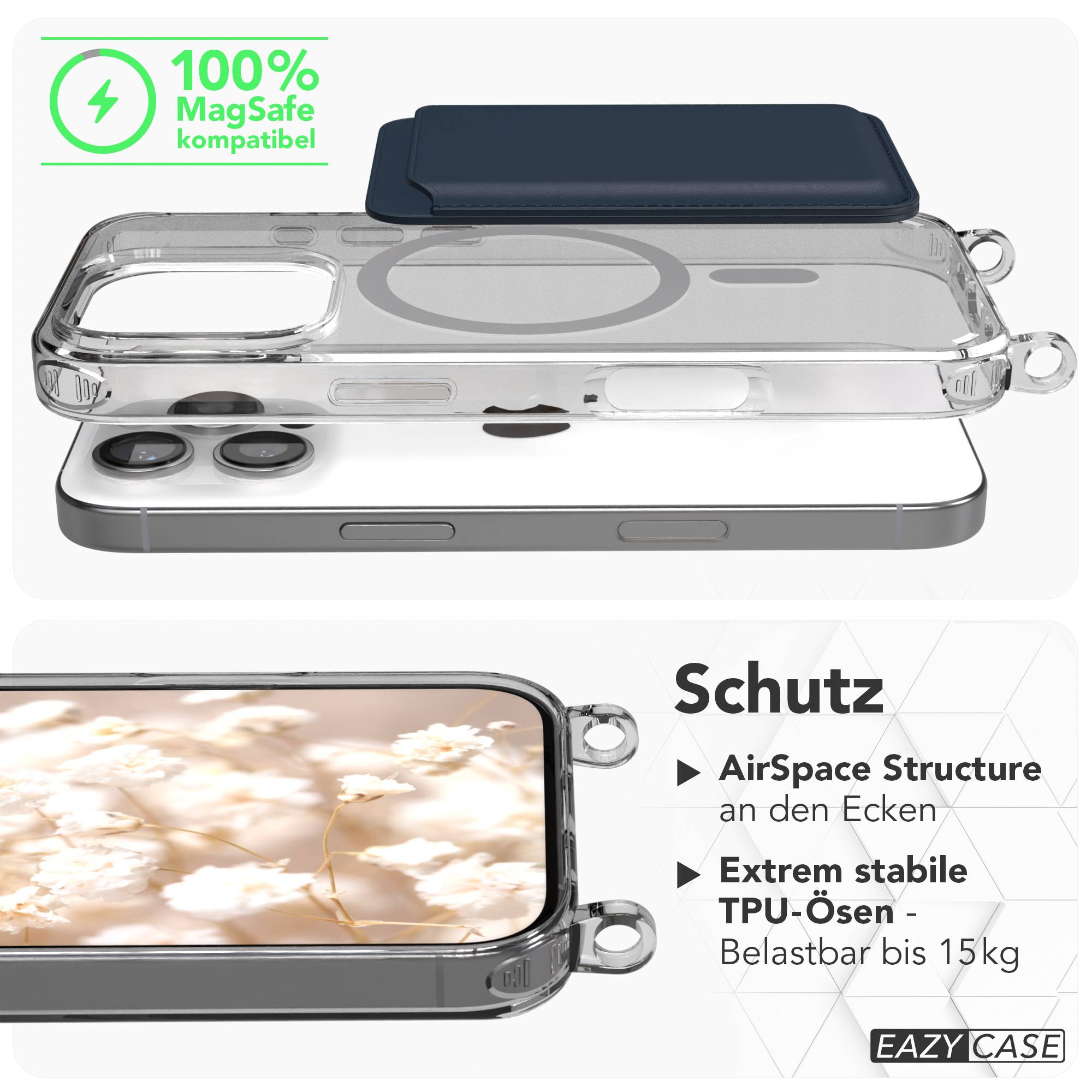 iPhone 16 Pro MagSafe Handykette mit Boho Band Umhängeband #farbe_grau-camouflage-metallfarbe-gold