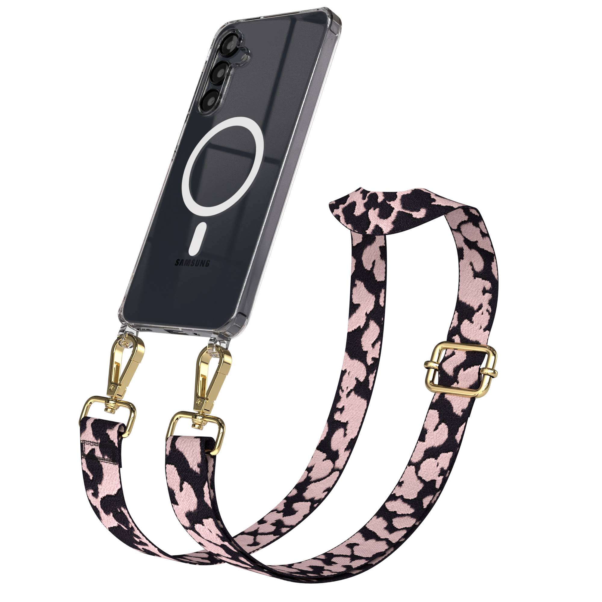 Samsung Galaxy A16 Handykette mit MagSafe Hülle und Boho Trageriemen #farbe_rosa-camouflage-metallfarbe-gold