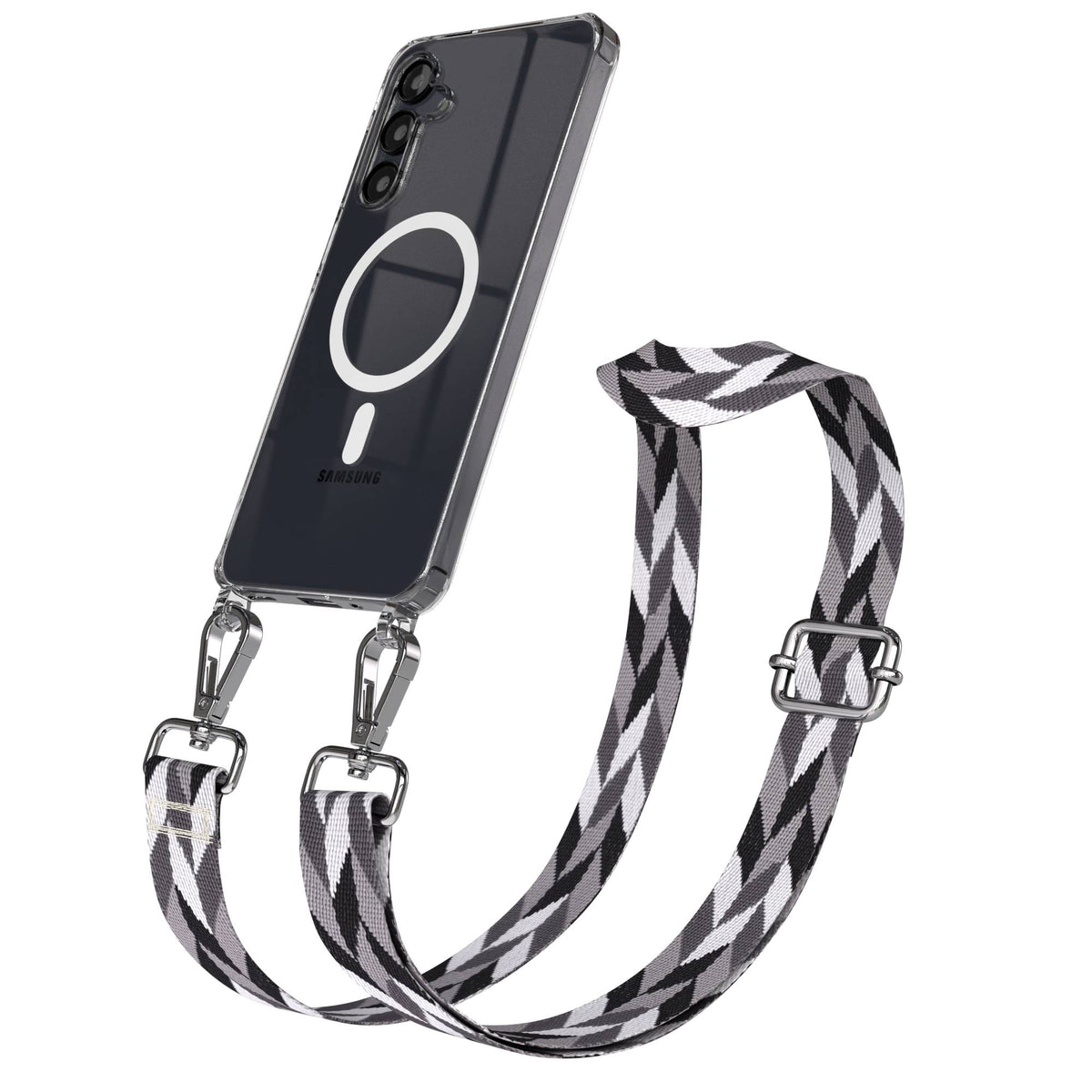 Samsung Galaxy A16 Handykette mit MagSafe Hülle und Boho Trageriemen #farbe_grau-schwarz-mix-metallfarbe-silber