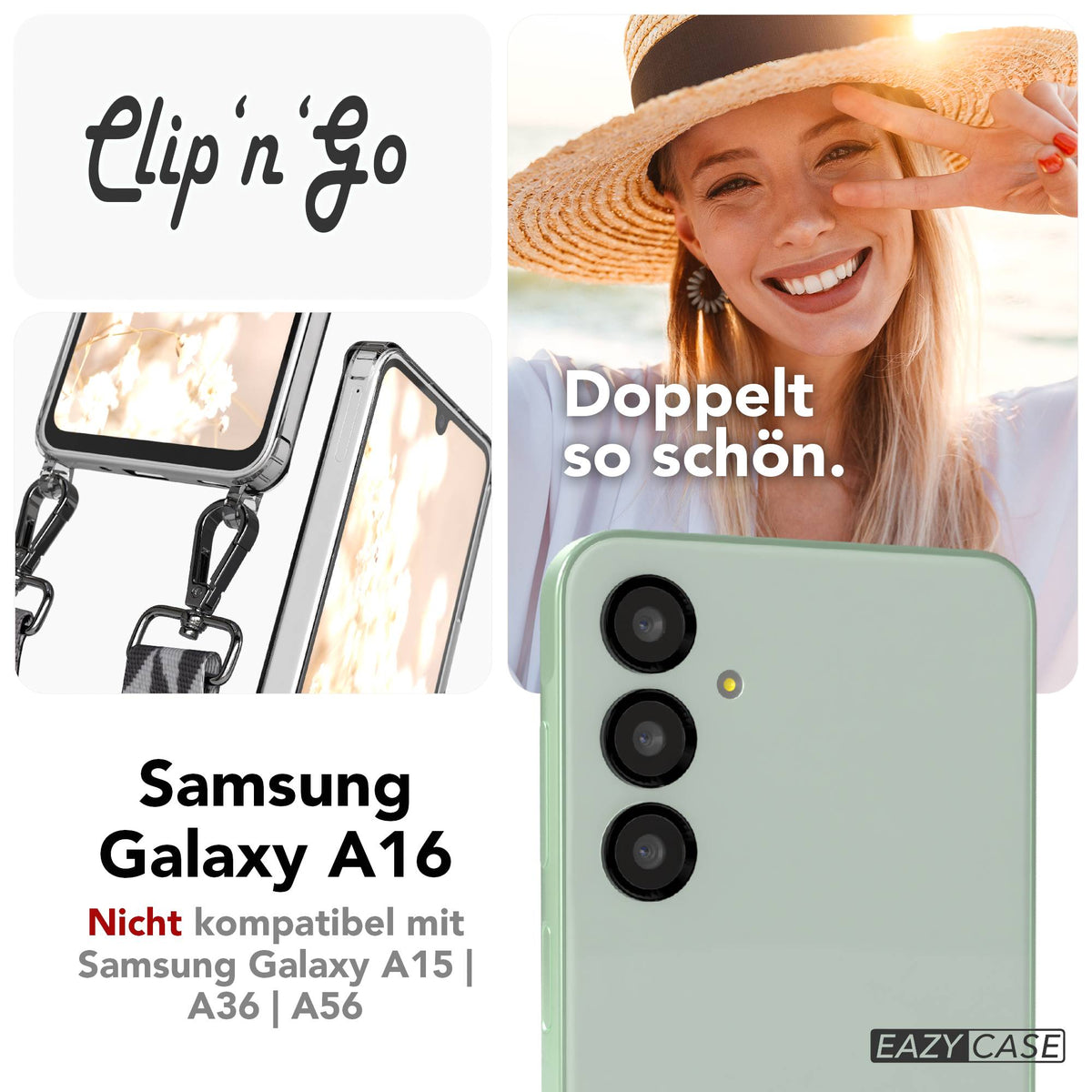 Samsung Galaxy A16 Handykette mit MagSafe Hülle und Boho Trageriemen #farbe_grau-schwarz-mix-metallfarbe-silber