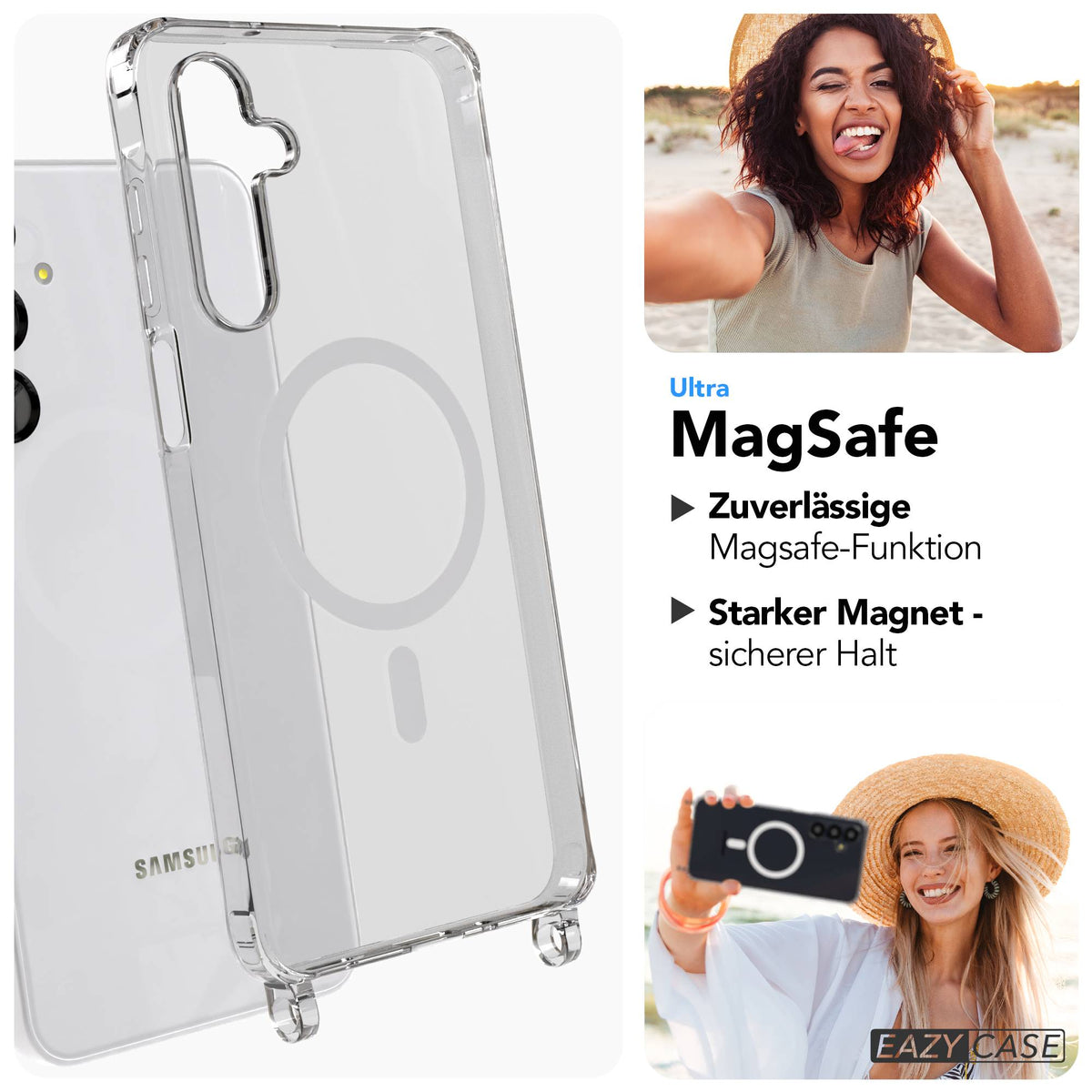 Samsung Galaxy A16 Handykette mit MagSafe Hülle und Boho Trageriemen #farbe_grau-schwarz-mix-metallfarbe-silber