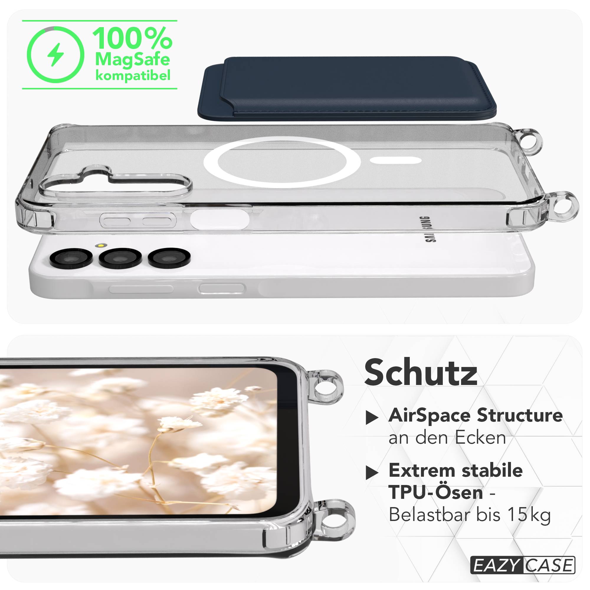 Samsung Galaxy A16 Handykette mit MagSafe Hülle und Boho Trageriemen #farbe_grau-schwarz-mix-metallfarbe-silber
