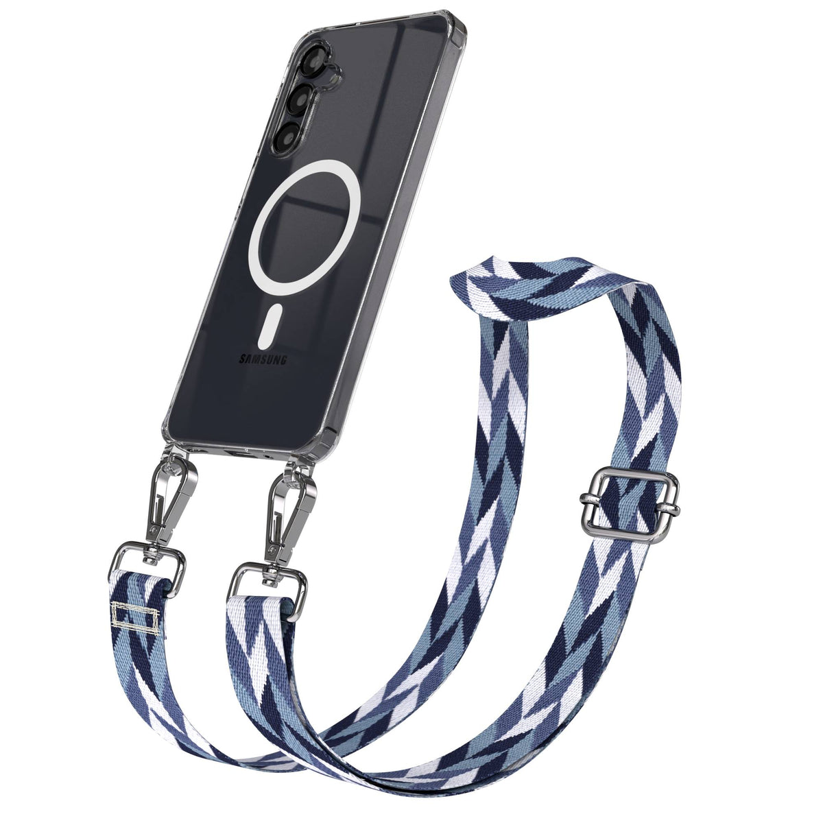 Samsung Galaxy A16 Handykette mit MagSafe Hülle und Boho Trageriemen #farbe_blau-mix-metallfarbe-silber