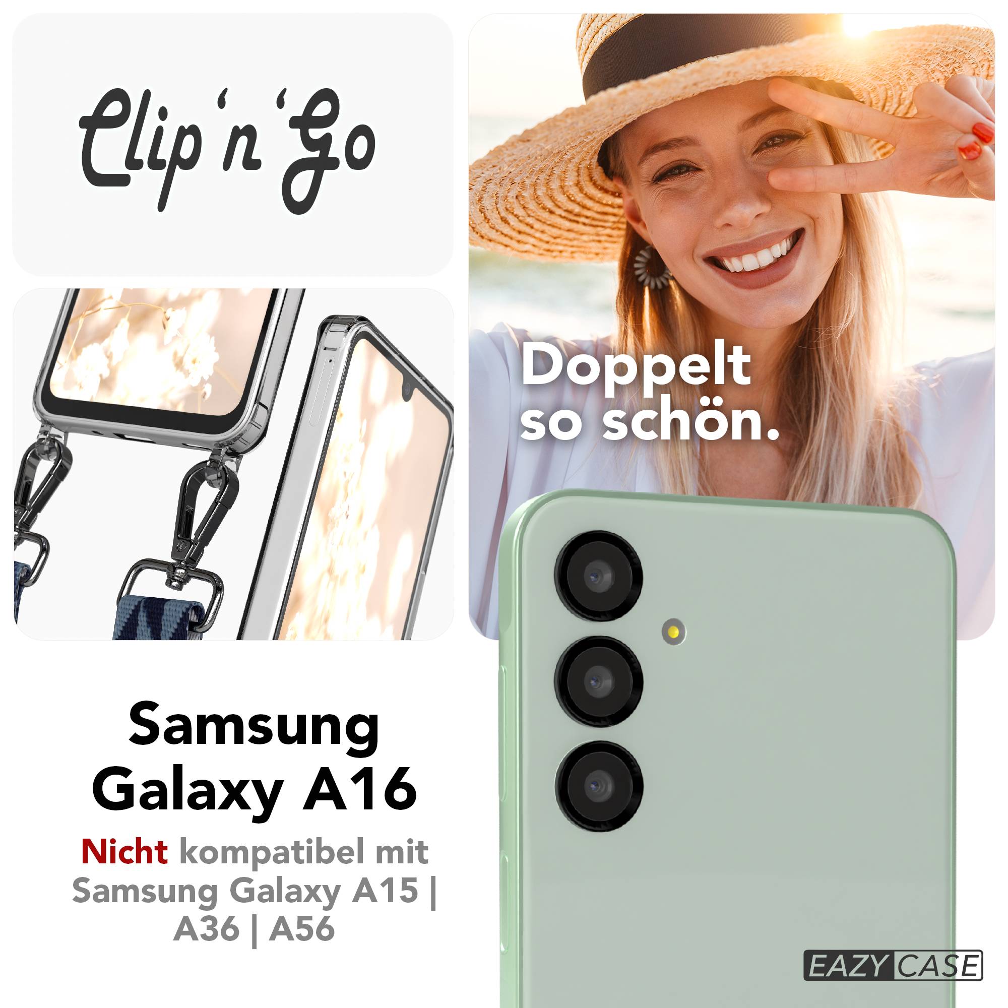 Samsung Galaxy A16 Handykette mit MagSafe Hülle und Boho Trageriemen #farbe_blau-mix-metallfarbe-silber