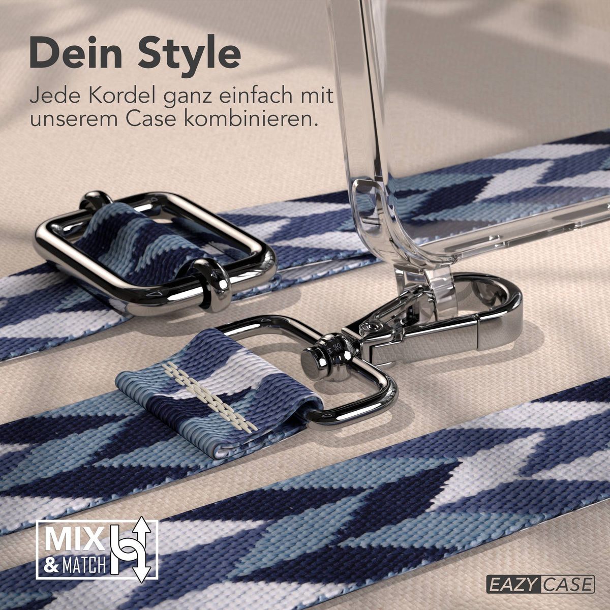 Samsung Galaxy A16 Handykette mit MagSafe Hülle und Boho Trageriemen #farbe_blau-mix-metallfarbe-silber