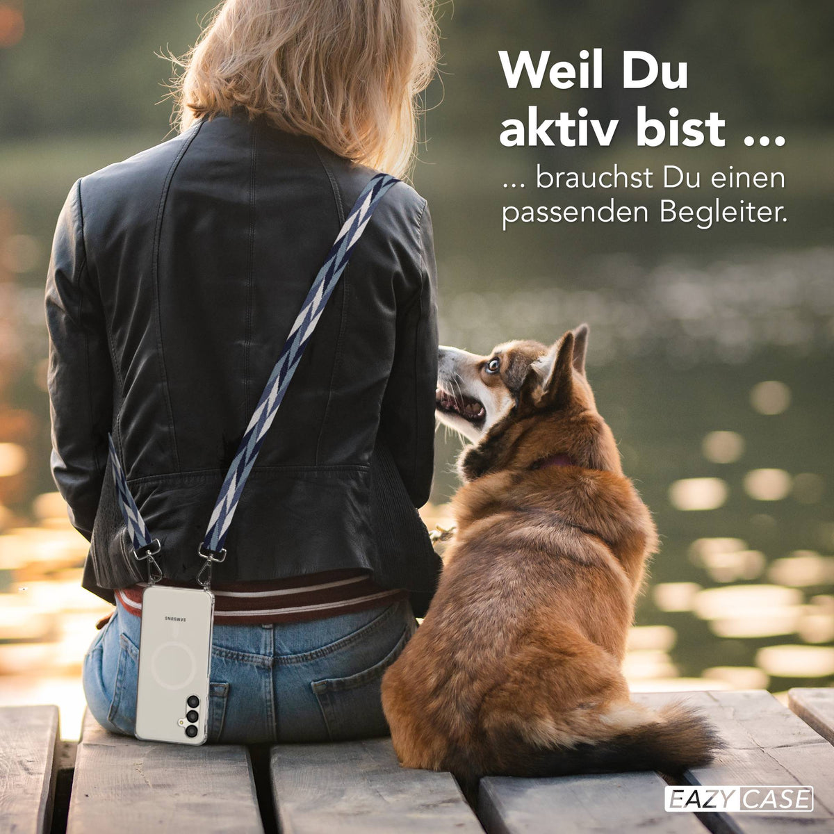 Samsung Galaxy A16 Handykette mit MagSafe Hülle und Boho Trageriemen #farbe_blau-mix-metallfarbe-silber