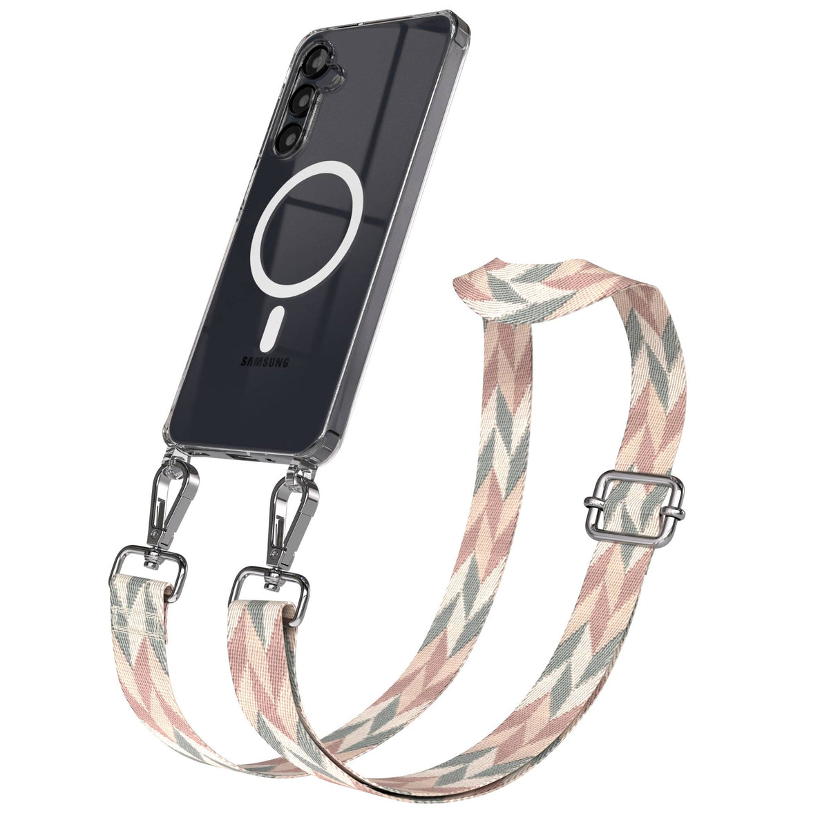 Samsung Galaxy A16 Handykette mit MagSafe Hülle und Boho Trageriemen #farbe_mint-rosa-mix-metallfarbe-silber
