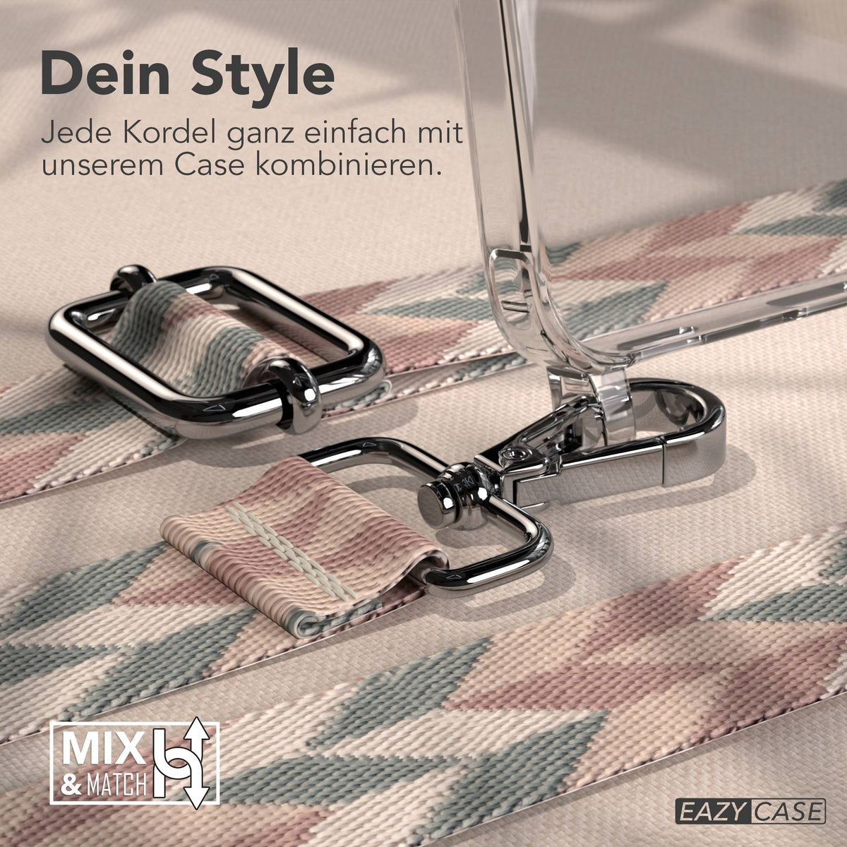 Samsung Galaxy A16 Handykette mit MagSafe Hülle und Boho Trageriemen #farbe_mint-rosa-mix-metallfarbe-silber