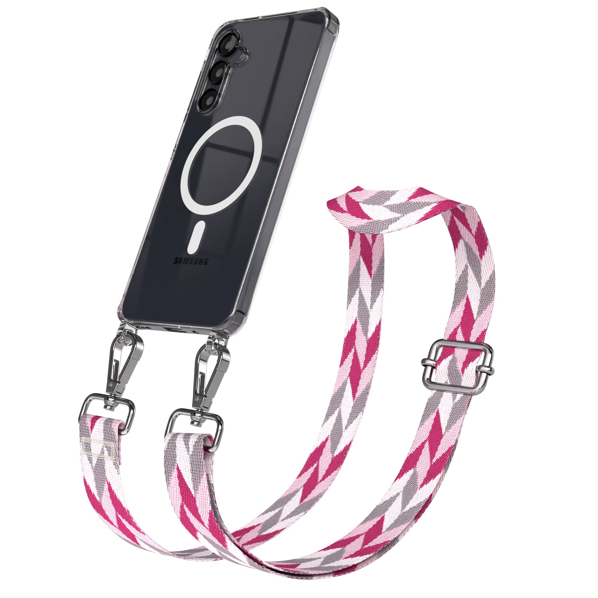 Samsung Galaxy A16 Handykette mit MagSafe Hülle und Boho Trageriemen #farbe_pink-mix-metallfarbe-silber