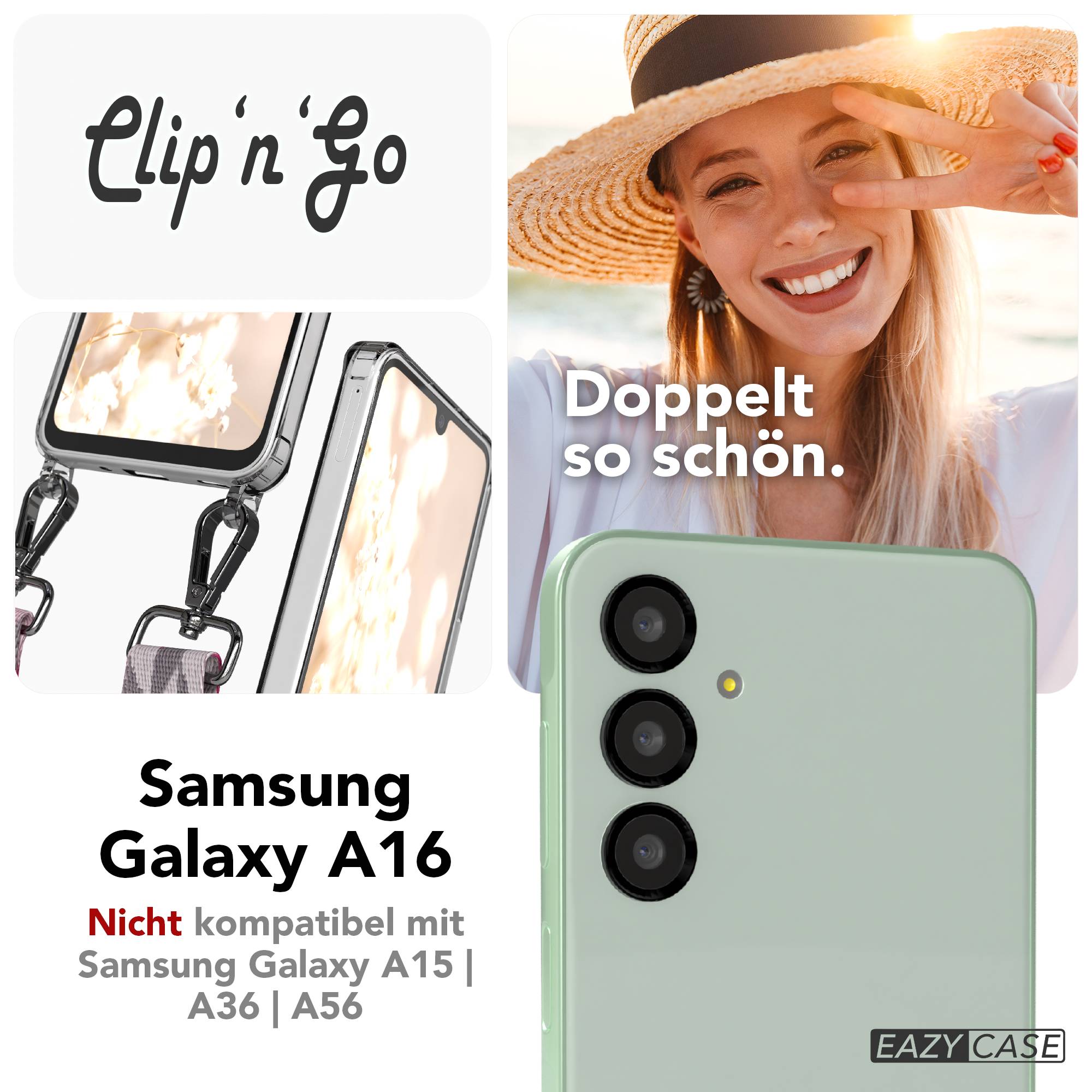 Samsung Galaxy A16 Handykette mit MagSafe Hülle und Boho Trageriemen #farbe_pink-mix-metallfarbe-silber