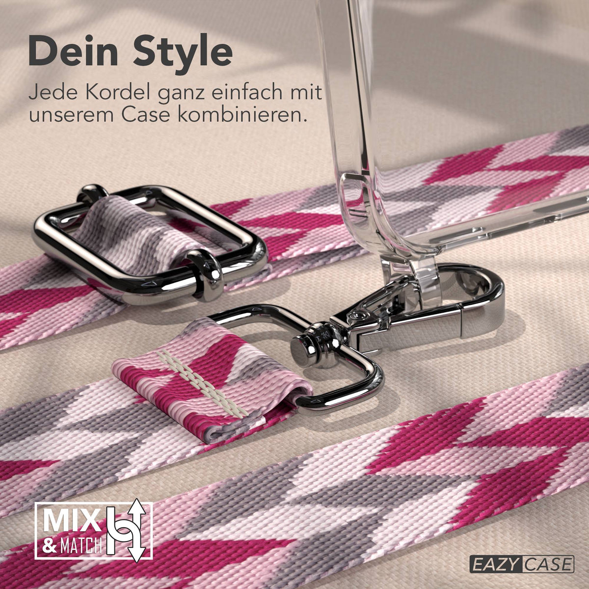 Samsung Galaxy A16 Handykette mit MagSafe Hülle und Boho Trageriemen #farbe_pink-mix-metallfarbe-silber