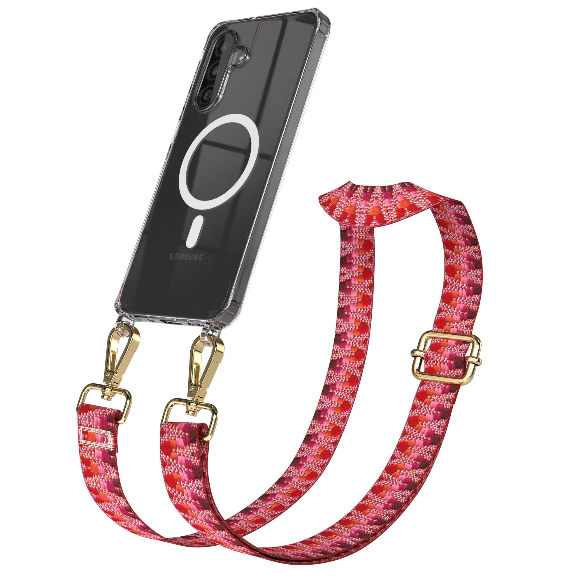 Samsung Galaxy A26 Handykette mit MagSafe Halterung und Boho Trageriemen Set #farbe_beere-metallfarbe-gold