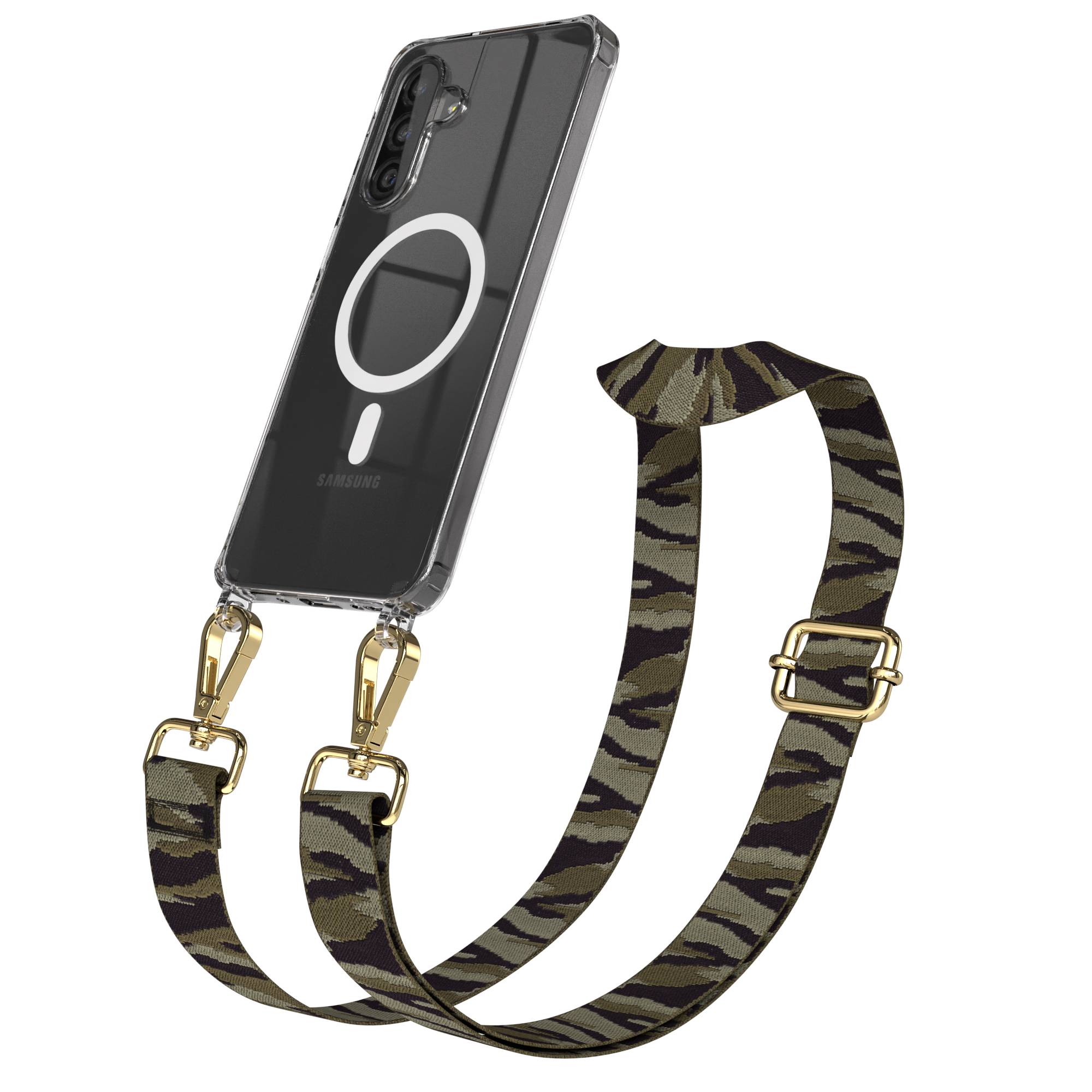 Samsung Galaxy A26 Handykette mit MagSafe Halterung und Boho Trageriemen Set #farbe_grun-camouflage-metallfarbe-gold