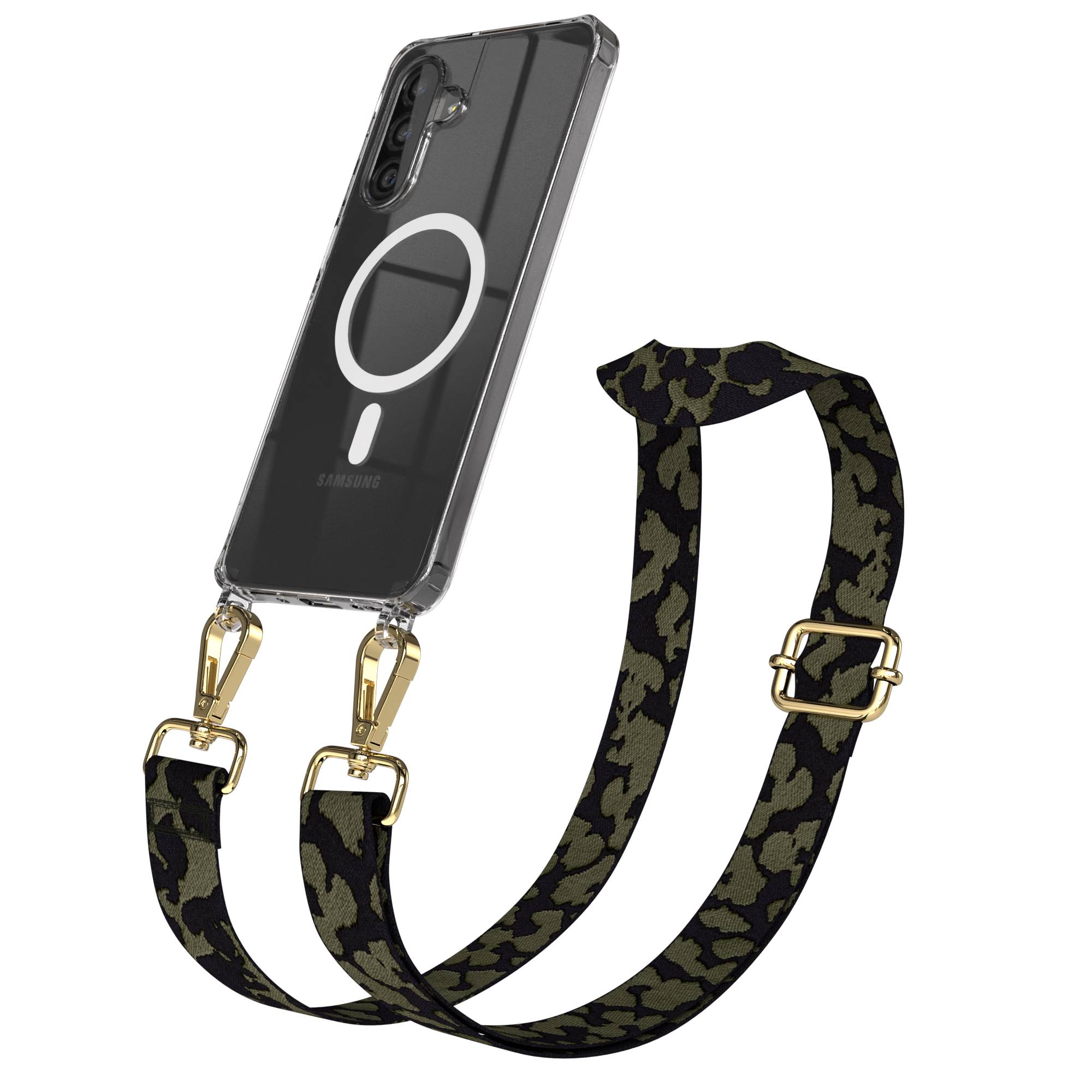 Samsung Galaxy A26 Handykette mit MagSafe Halterung und Boho Trageriemen Set #farbe_dunkelgrun-camouflage-metallfarbe-gold