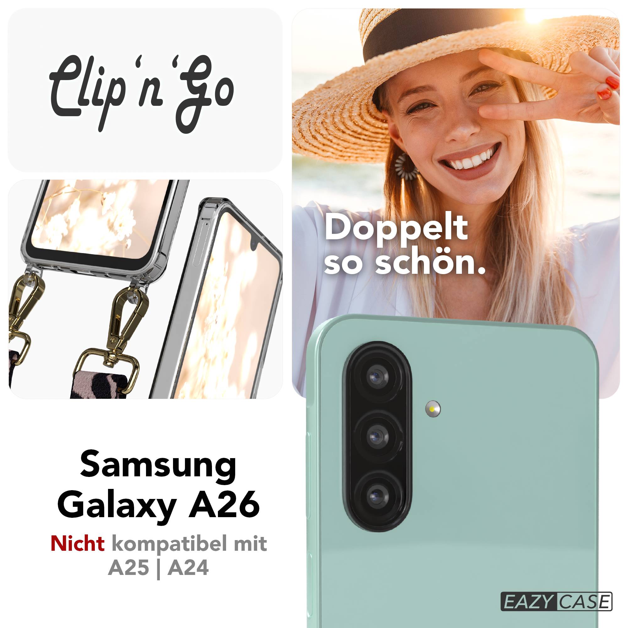 Samsung Galaxy A26 Handykette mit MagSafe Halterung und Boho Trageriemen Set #farbe_rosa-camouflage-metallfarbe-gold