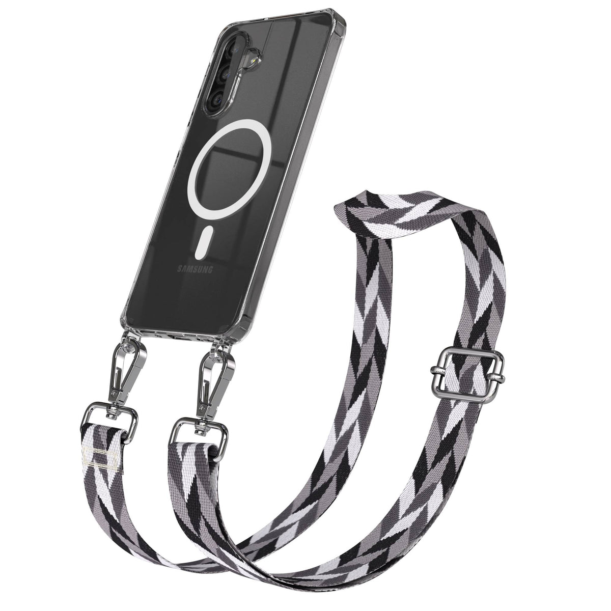 Samsung Galaxy A26 Handykette mit MagSafe Halterung und Boho Trageriemen Set #farbe_grau-schwarz-mix-metallfarbe-silber