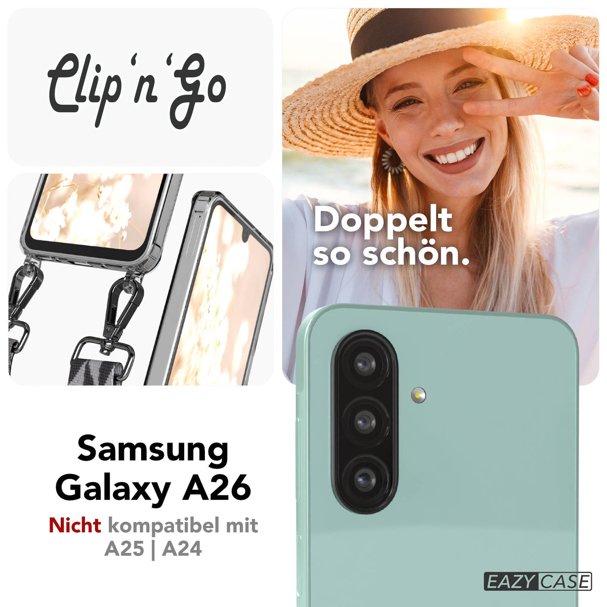 Samsung Galaxy A26 Handykette mit MagSafe Halterung und Boho Trageriemen Set #farbe_grau-schwarz-mix-metallfarbe-silber