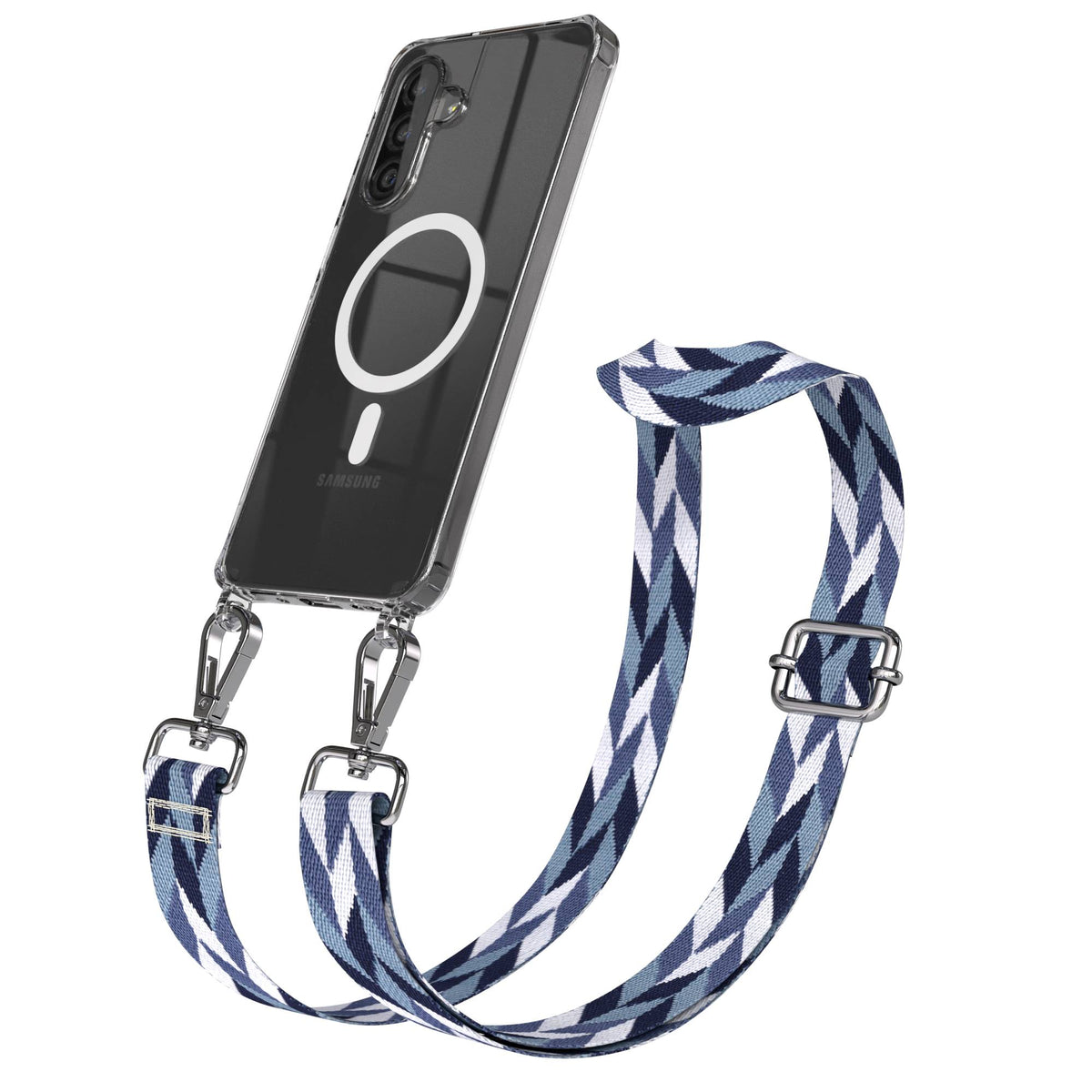 Samsung Galaxy A26 Handykette mit MagSafe Halterung und Boho Trageriemen Set #farbe_blau-mix-metallfarbe-silber