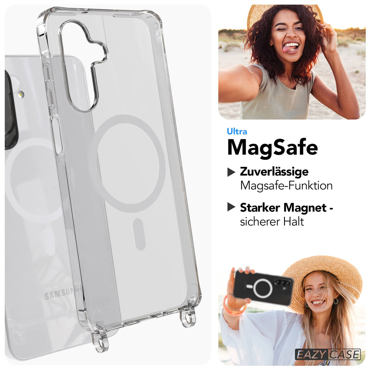 Samsung Galaxy A26 Handykette mit MagSafe Halterung und Boho Trageriemen Set #farbe_blau-mix-metallfarbe-silber