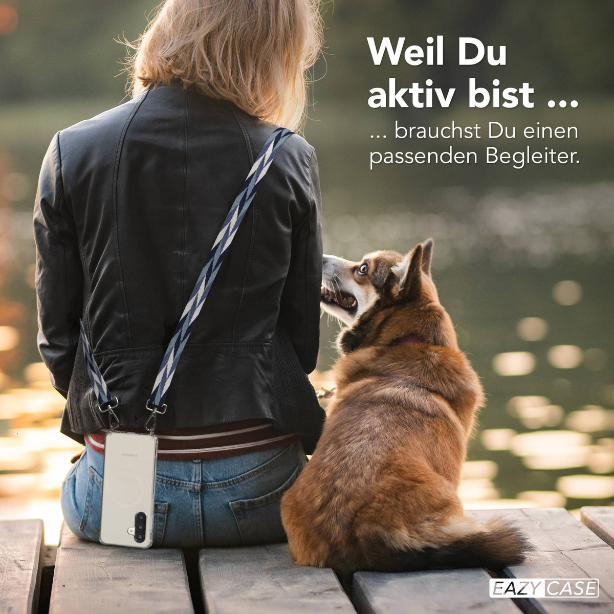 Samsung Galaxy A26 Handykette mit MagSafe Halterung und Boho Trageriemen Set #farbe_blau-mix-metallfarbe-silber