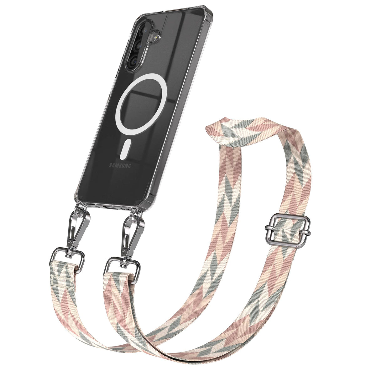 Samsung Galaxy A26 Handykette mit MagSafe Halterung und Boho Trageriemen Set #farbe_mint-rosa-mix-metallfarbe-silber