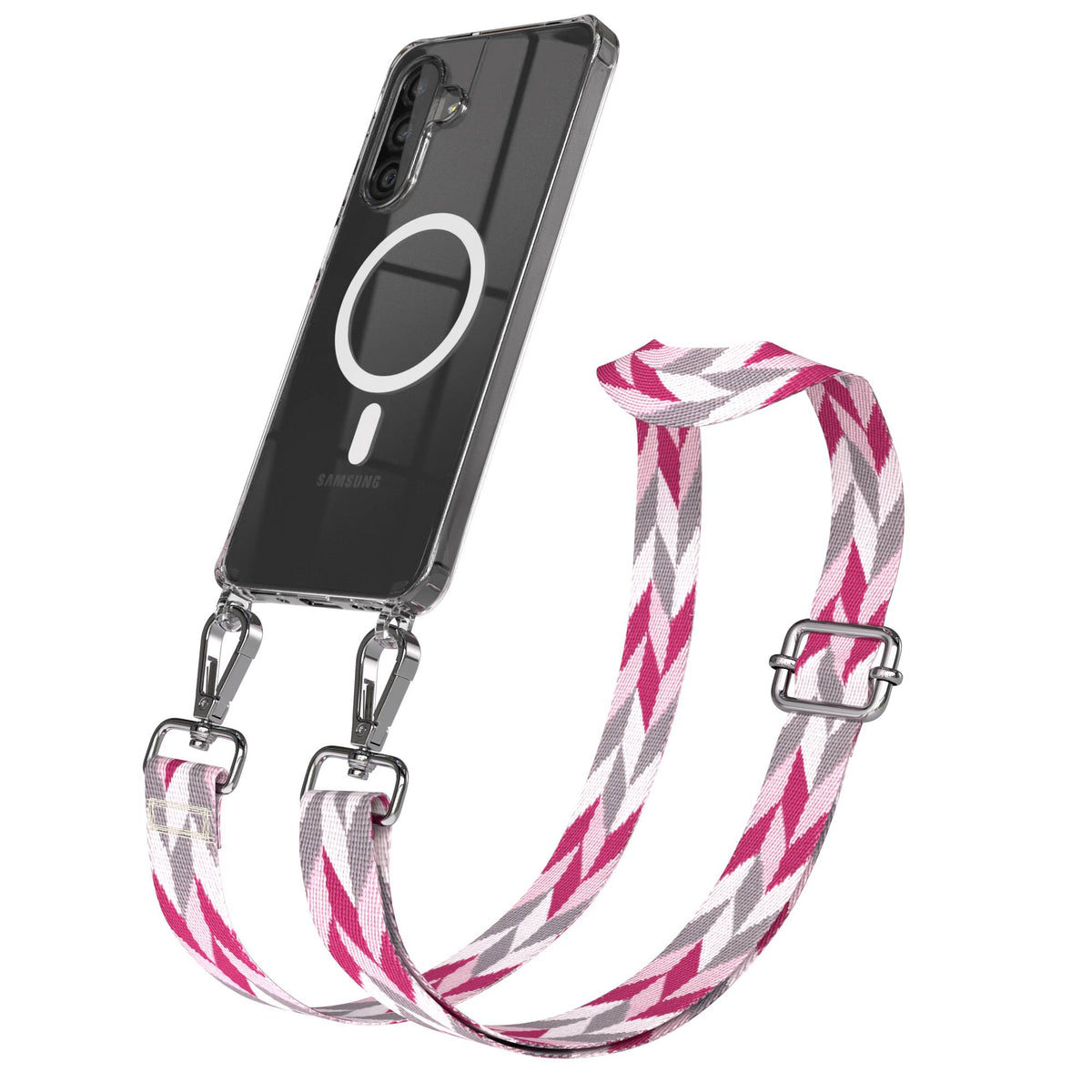 Samsung Galaxy A26 Handykette mit MagSafe Halterung und Boho Trageriemen Set #farbe_pink-mix-metallfarbe-silber