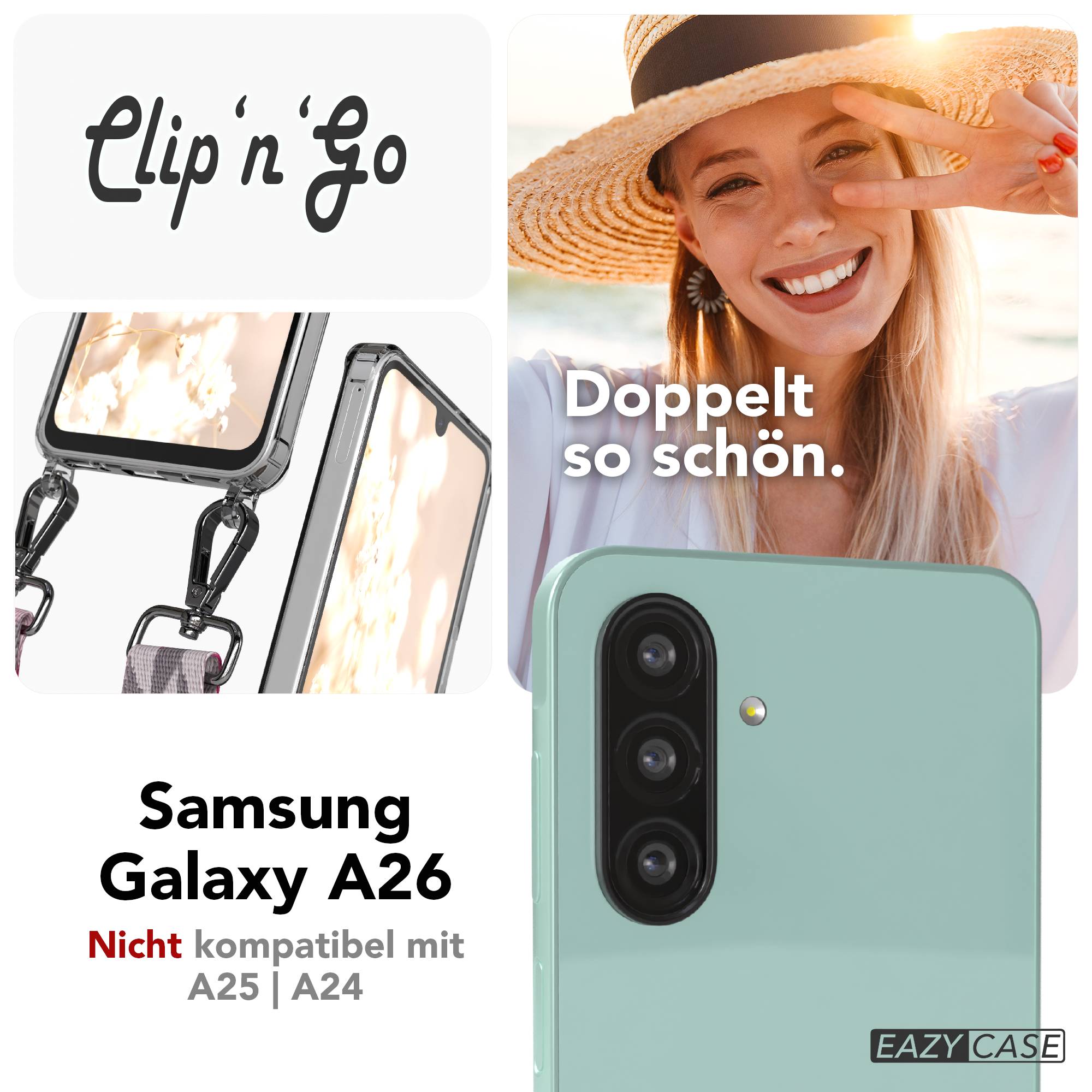 Samsung Galaxy A26 Handykette mit MagSafe Halterung und Boho Trageriemen Set #farbe_pink-mix-metallfarbe-silber