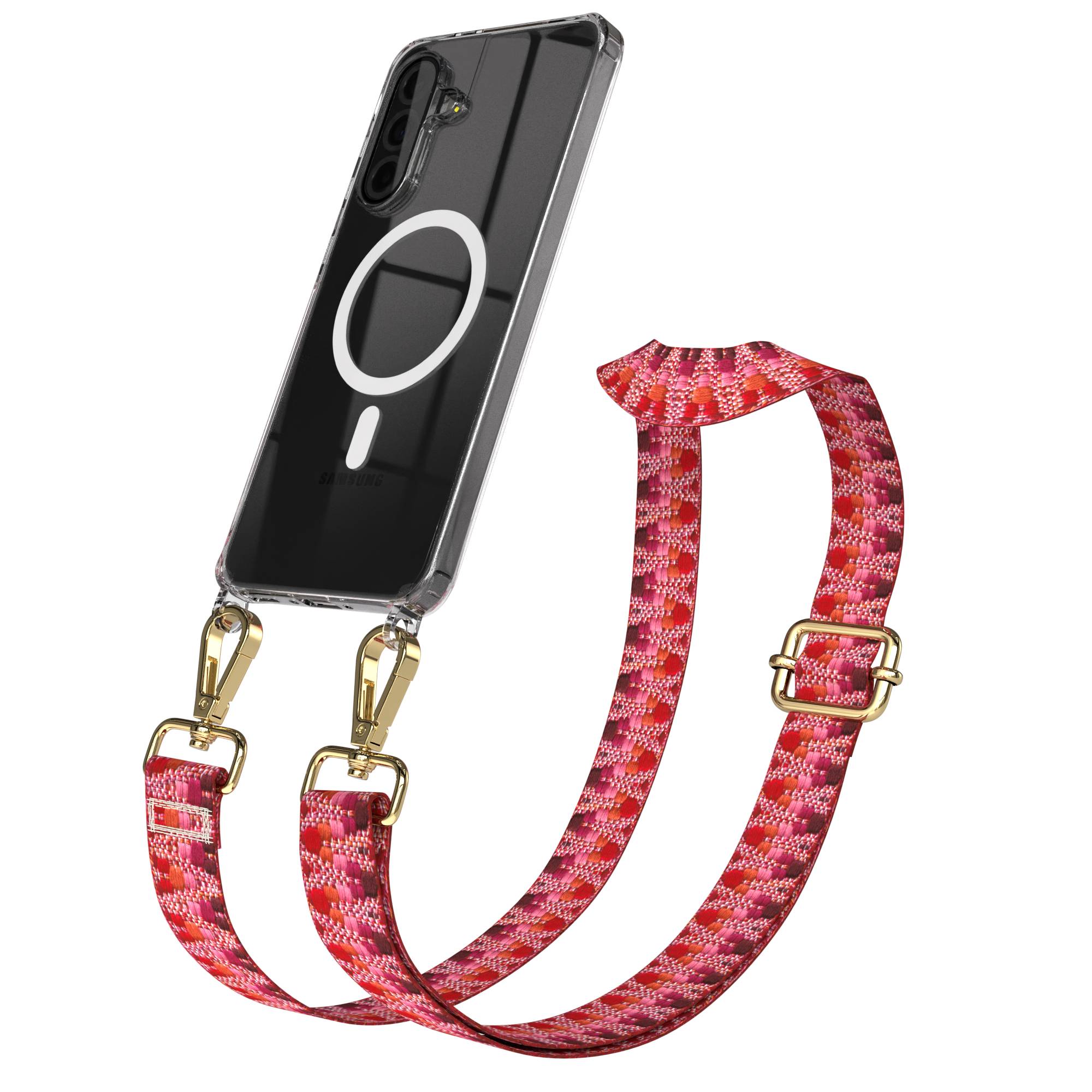 Samsung Galaxy A36 Handykette MagSafe Hülle mit verstellbarem Boho Trageriemen #farbe_beere-metallfarbe-gold