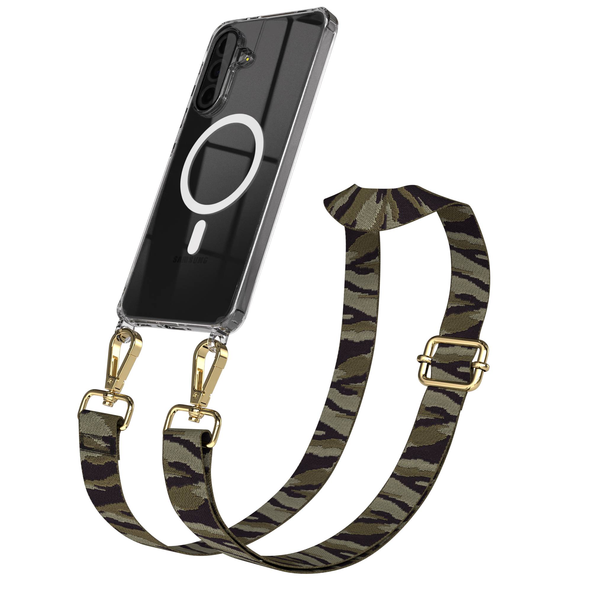 Samsung Galaxy A36 Handykette MagSafe Hülle mit verstellbarem Boho Trageriemen #farbe_grun-camouflage-metallfarbe-gold