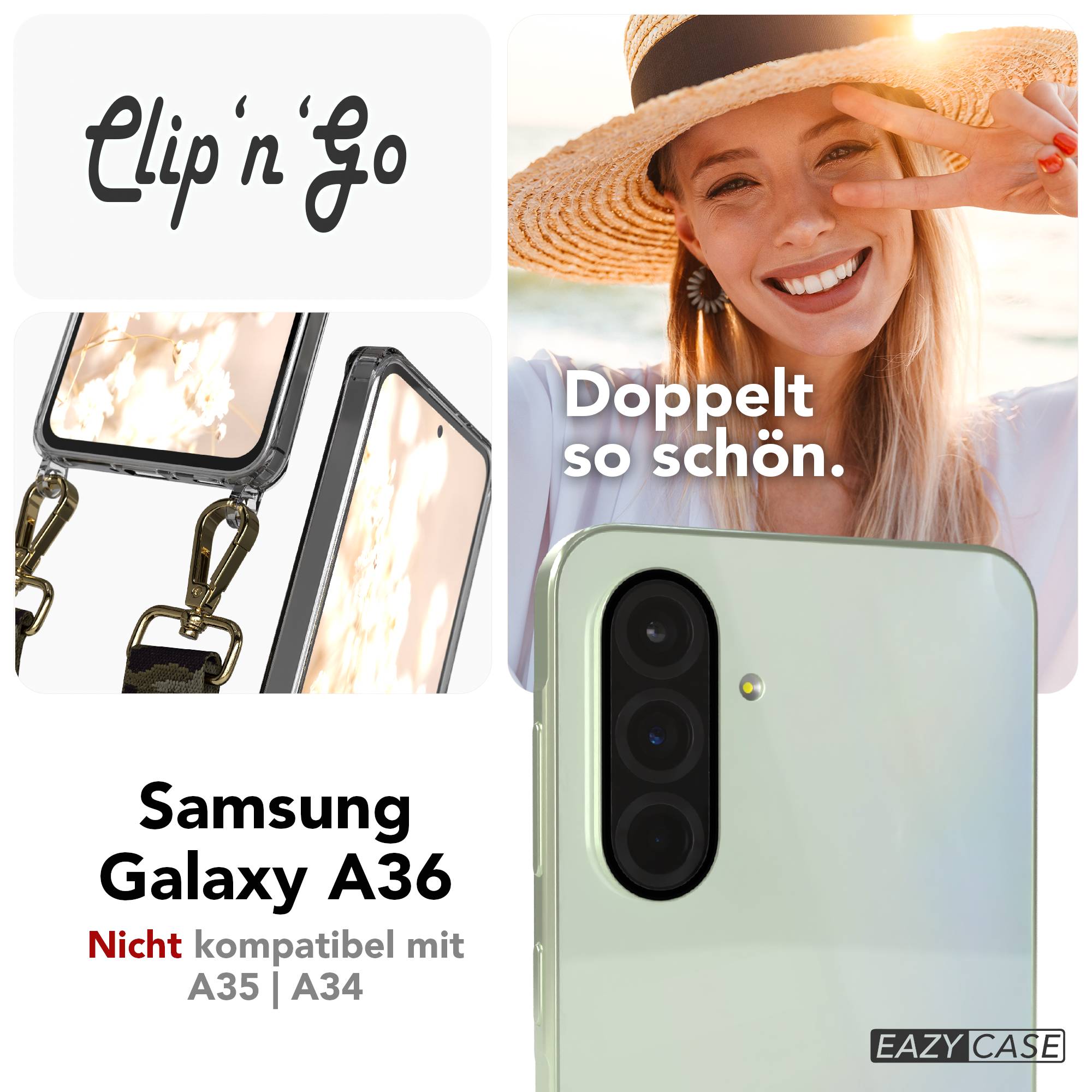 Samsung Galaxy A36 Handykette MagSafe Hülle mit verstellbarem Boho Trageriemen #farbe_grun-camouflage-metallfarbe-gold