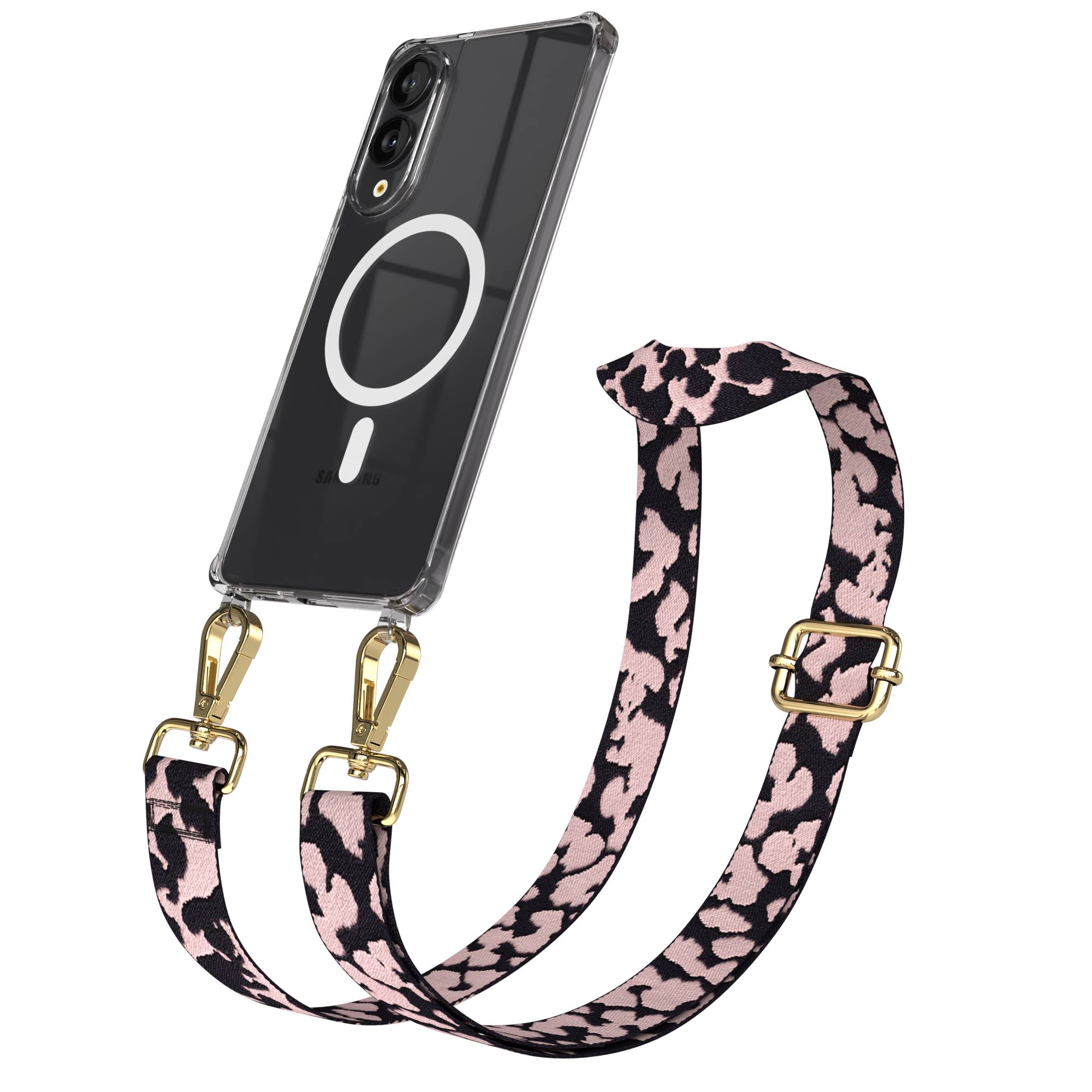 Samsung Galaxy S25 Edge Handykette mit MagSafe Hülle und Boho Band #farbe_rosa-camouflage-metallfarbe-gold