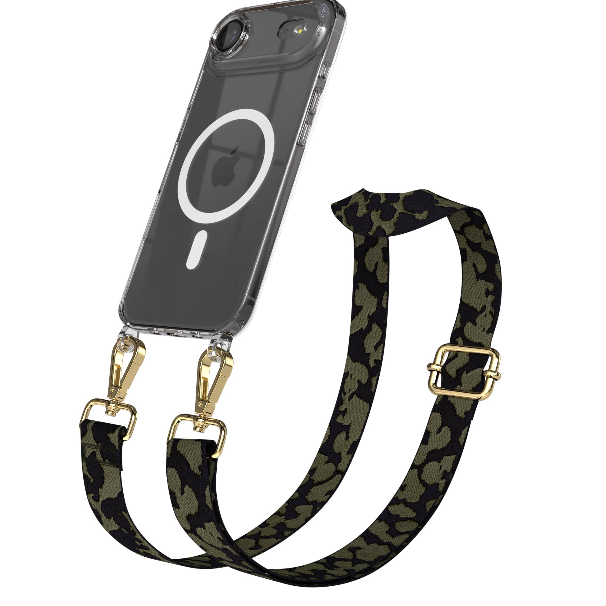 iPhone Air MagSafe Handykette mit Boho Band verstellbar #farbe_dunkelgrun-camouflage-metallfarbe-gold