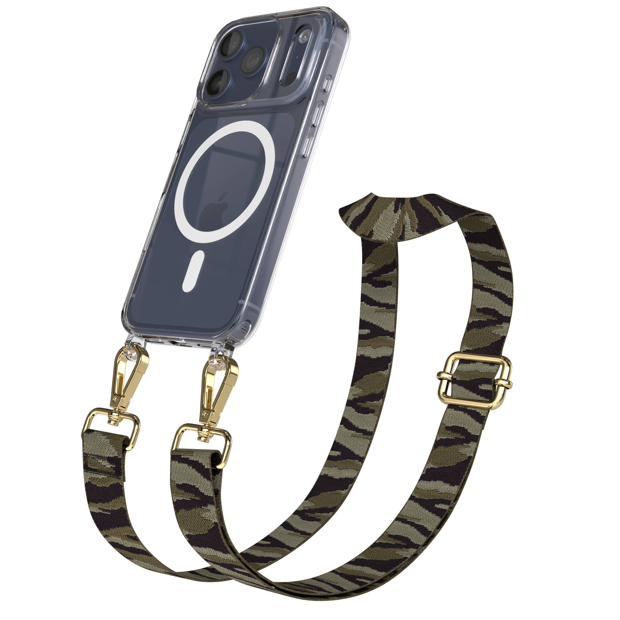 iPhone 17 Pro MagSafe Handykette mit verstellbarem Boho Band Tragekette #farbe_grun-camouflage-metallfarbe-gold