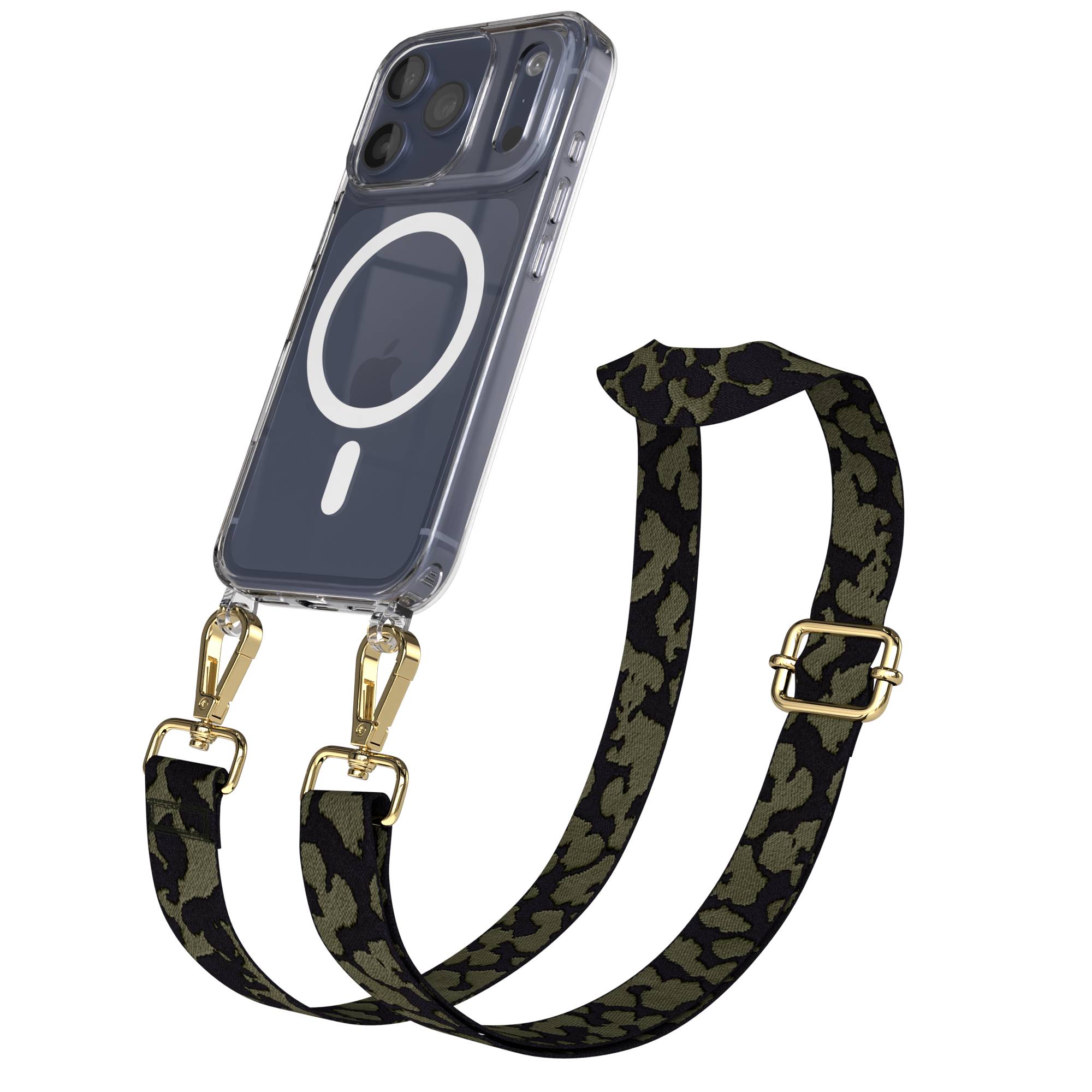 iPhone 17 Pro MagSafe Handykette mit verstellbarem Boho Band Tragekette #farbe_dunkelgrun-camouflage-metallfarbe-gold