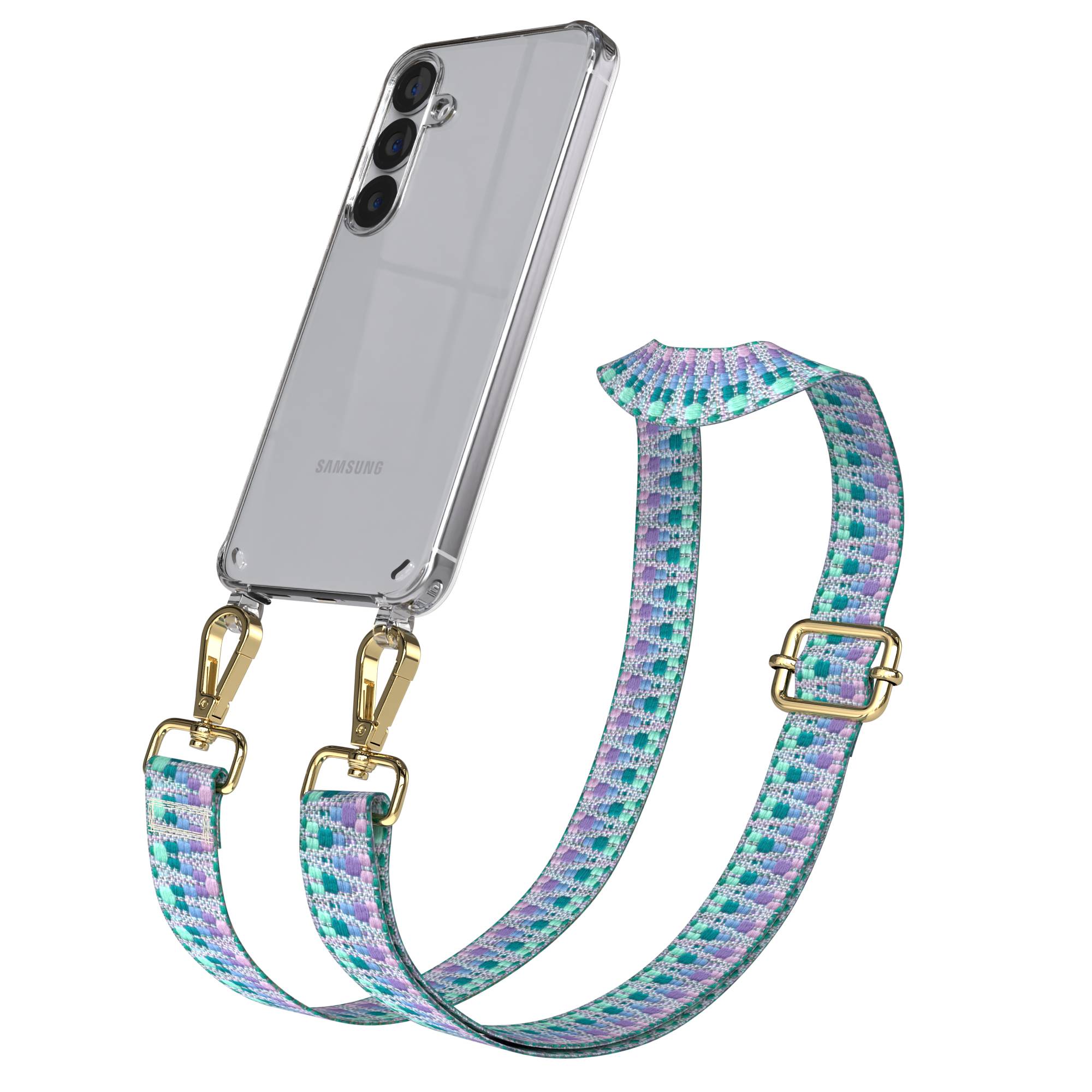 Samsung Galaxy S25 Handykette mit verstellbarem Boho Trageriemen und Metallapplikationen
