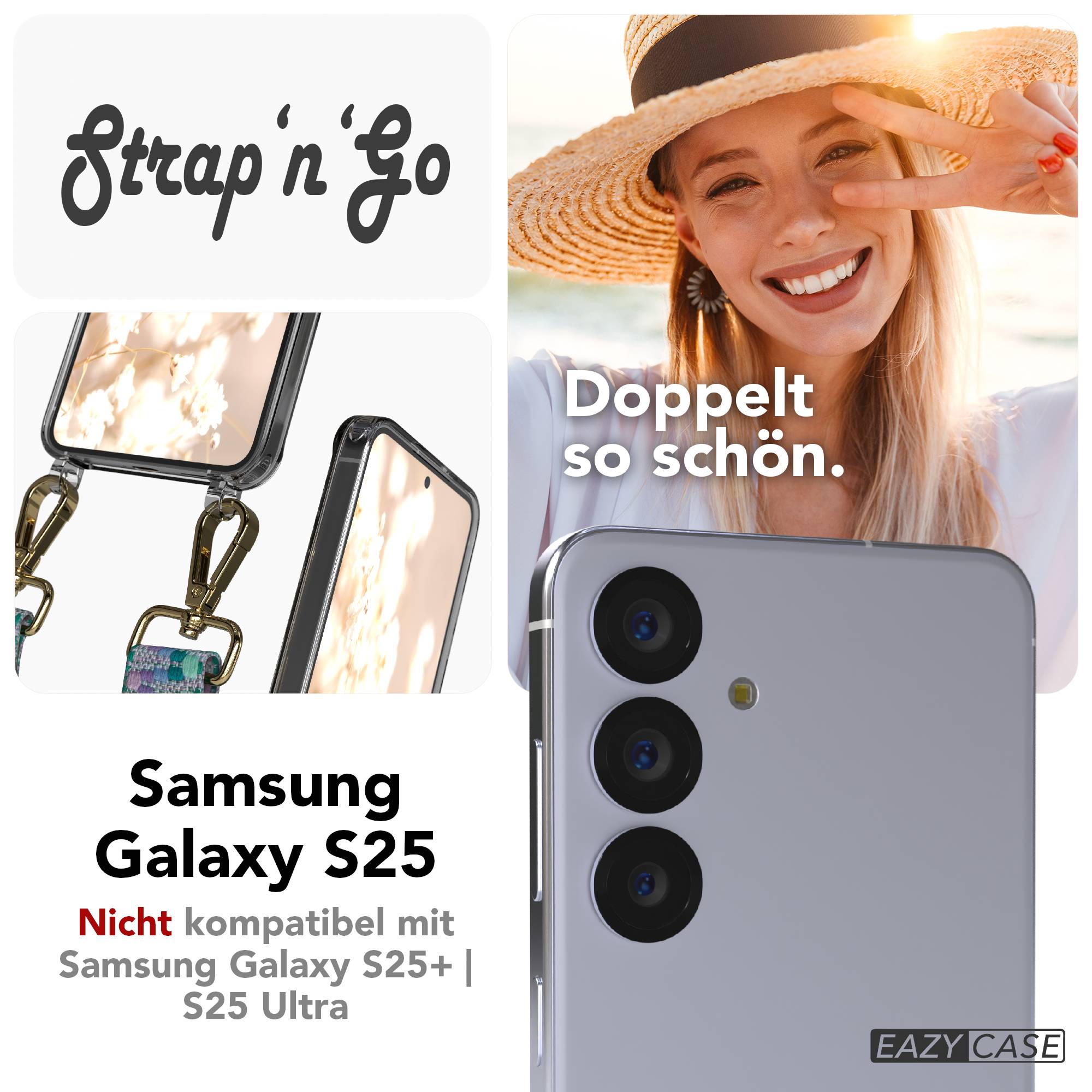 Samsung Galaxy S25 Handykette mit verstellbarem Boho Trageriemen und Metallapplikationen