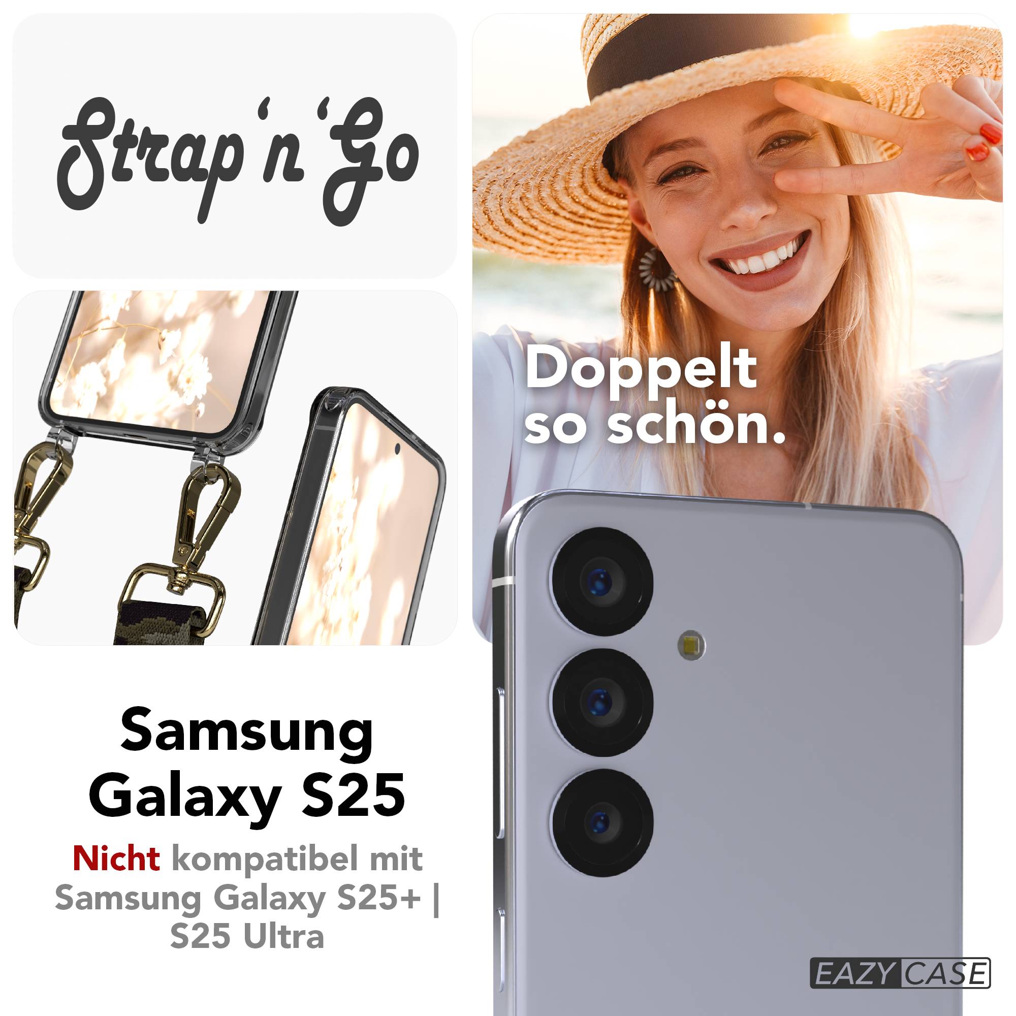 Samsung Galaxy S25 Handykette mit verstellbarem Boho Trageriemen und Metallapplikationen #farbe_grun-camouflage-metallfarbe-gold