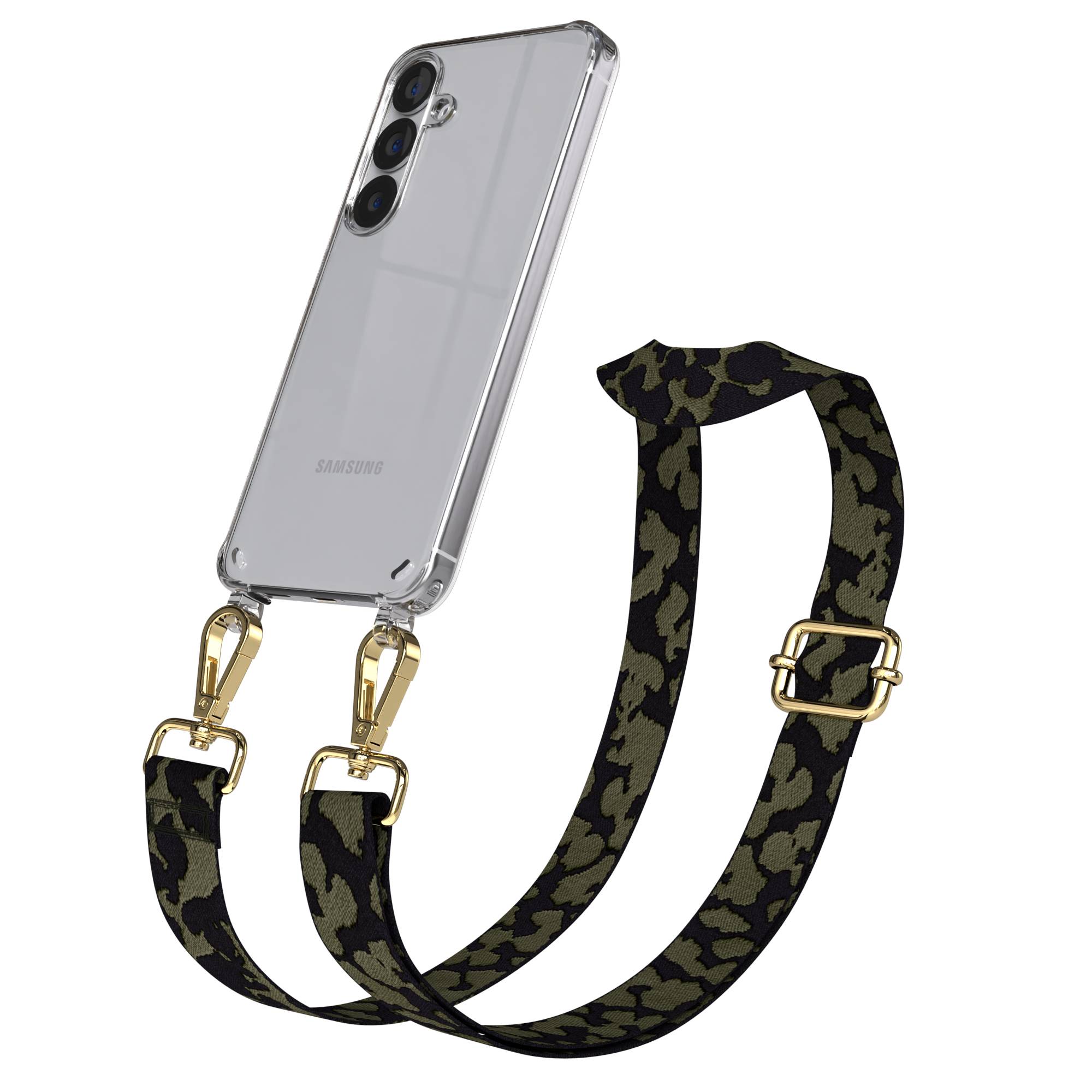 Samsung Galaxy S25 Handykette mit verstellbarem Boho Trageriemen und Metallapplikationen #farbe_dunkelgrun-camouflage-metallfarbe-gold