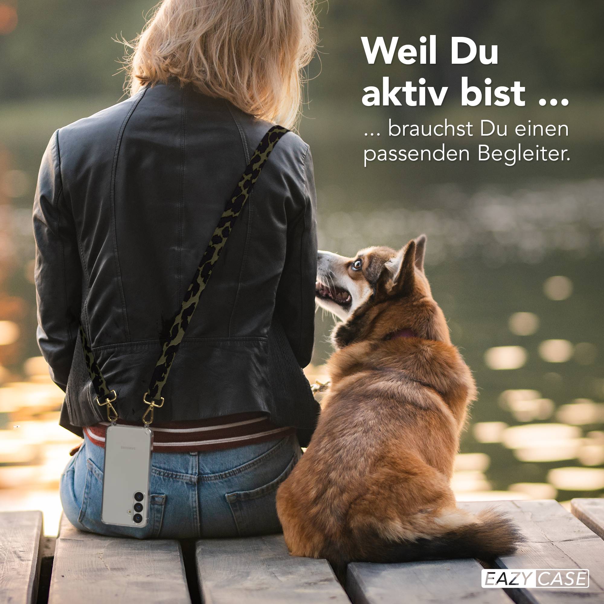 Samsung Galaxy S25 Handykette mit verstellbarem Boho Trageriemen und Metallapplikationen #farbe_dunkelgrun-camouflage-metallfarbe-gold