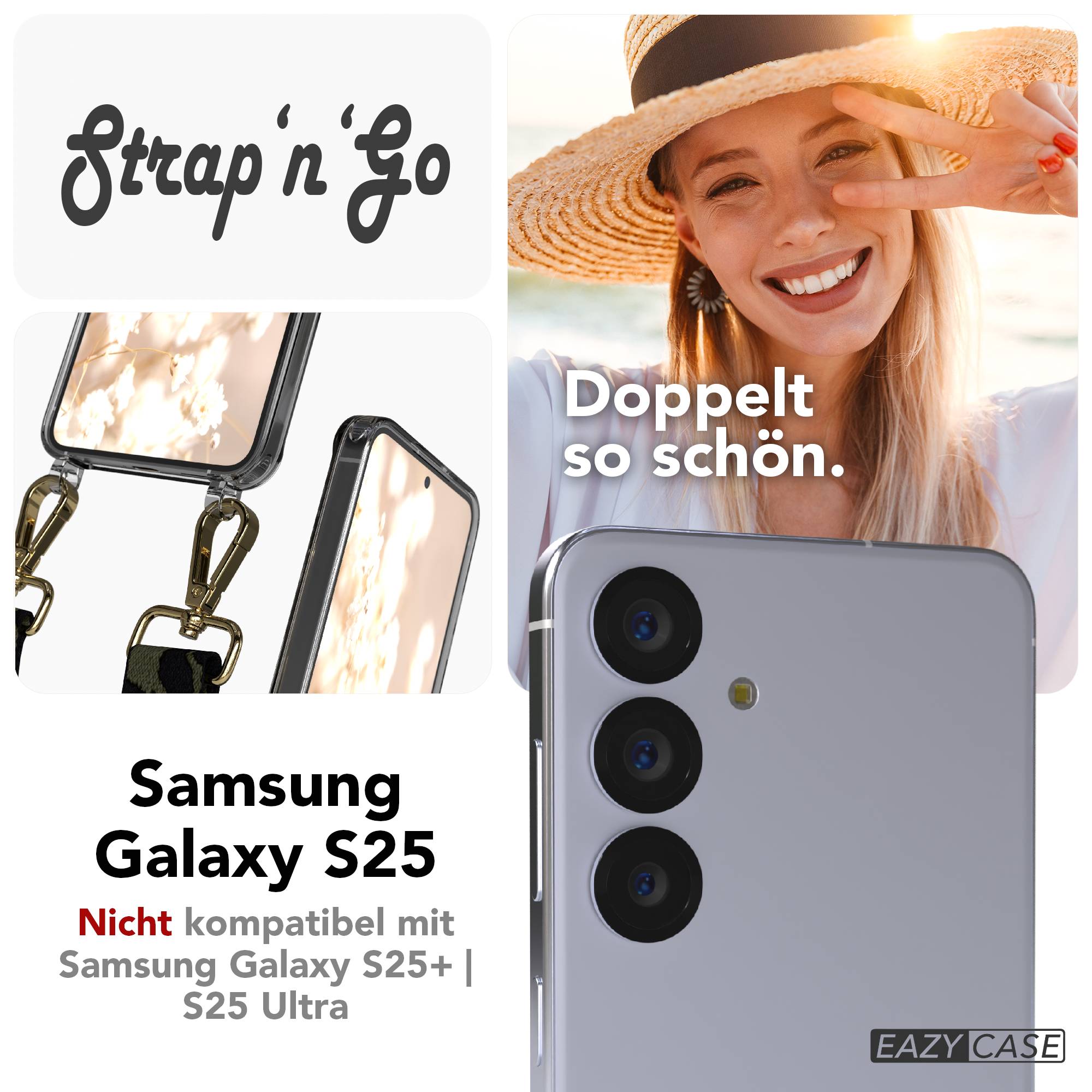 Samsung Galaxy S25 Handykette mit verstellbarem Boho Trageriemen und Metallapplikationen #farbe_dunkelgrun-camouflage-metallfarbe-gold