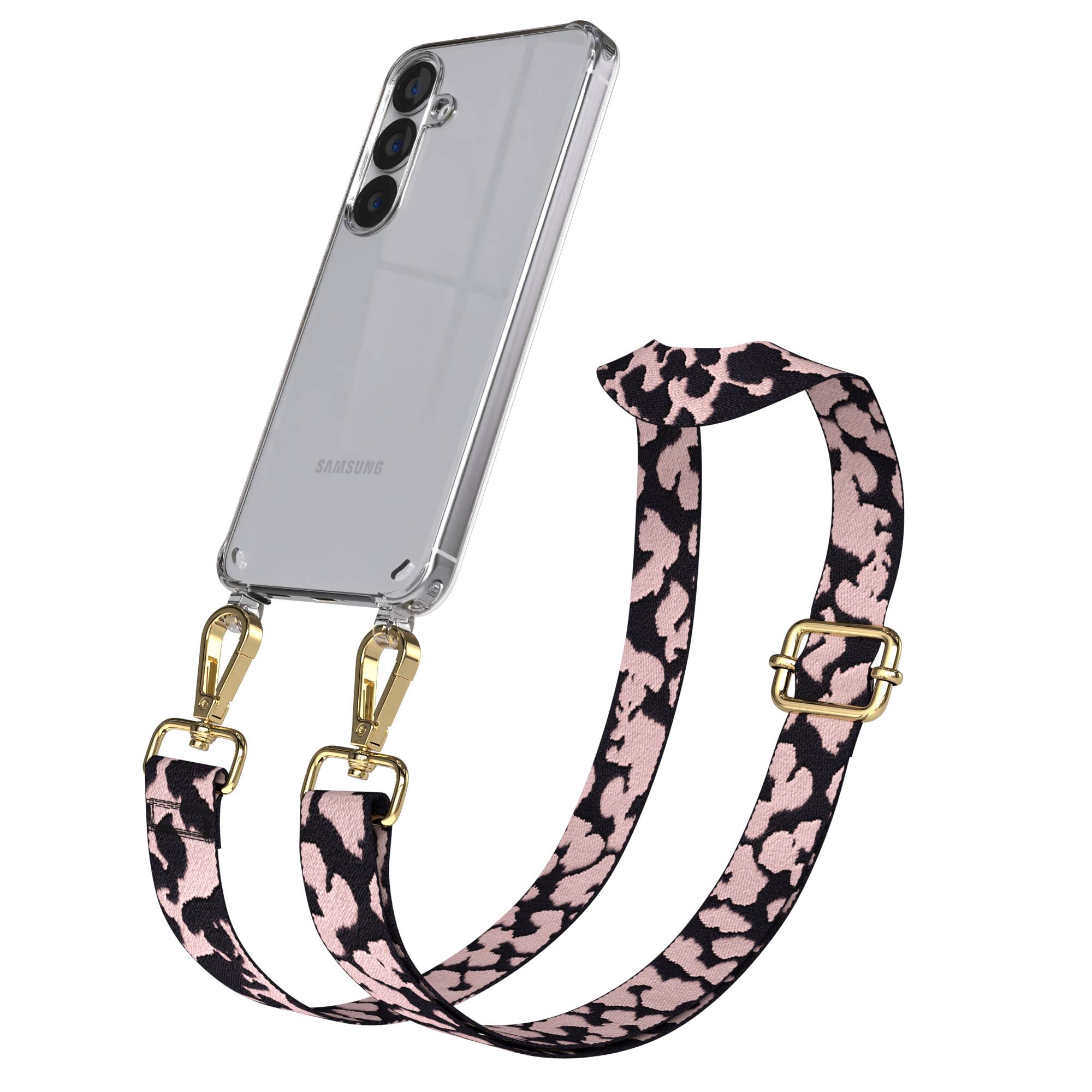 Samsung Galaxy S25 Handykette mit verstellbarem Boho Trageriemen und Metallapplikationen #farbe_rosa-camouflage-metallfarbe-gold