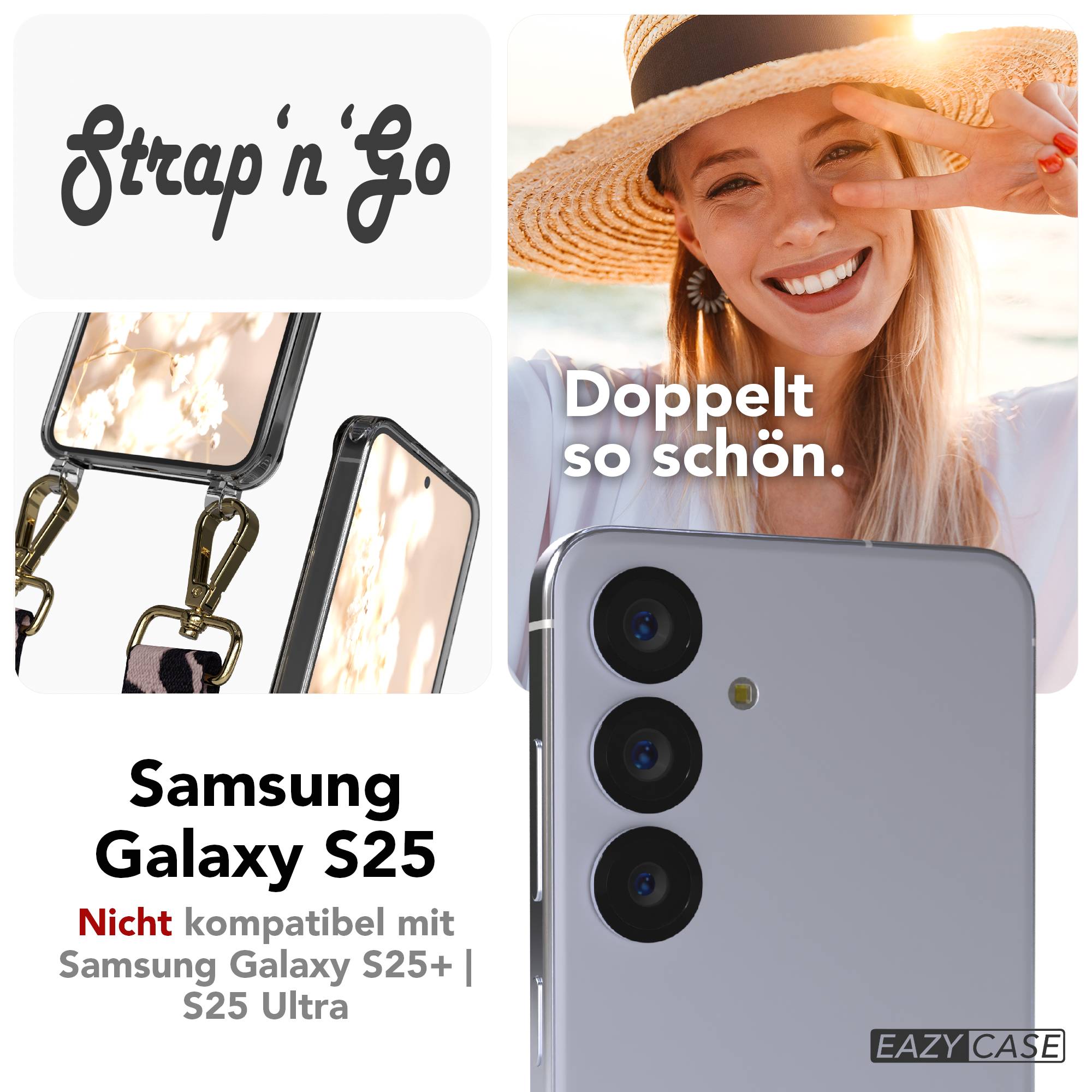 Samsung Galaxy S25 Handykette mit verstellbarem Boho Trageriemen und Metallapplikationen #farbe_rosa-camouflage-metallfarbe-gold