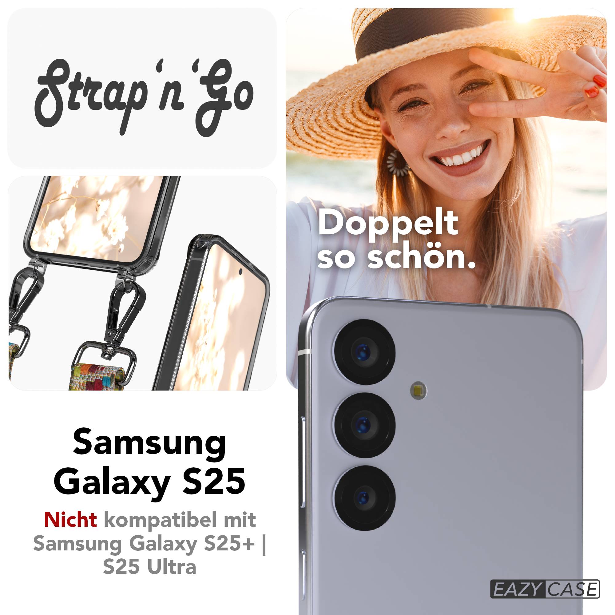 Samsung Galaxy S25 Handykette mit verstellbarem Boho Trageriemen und Metallapplikationen