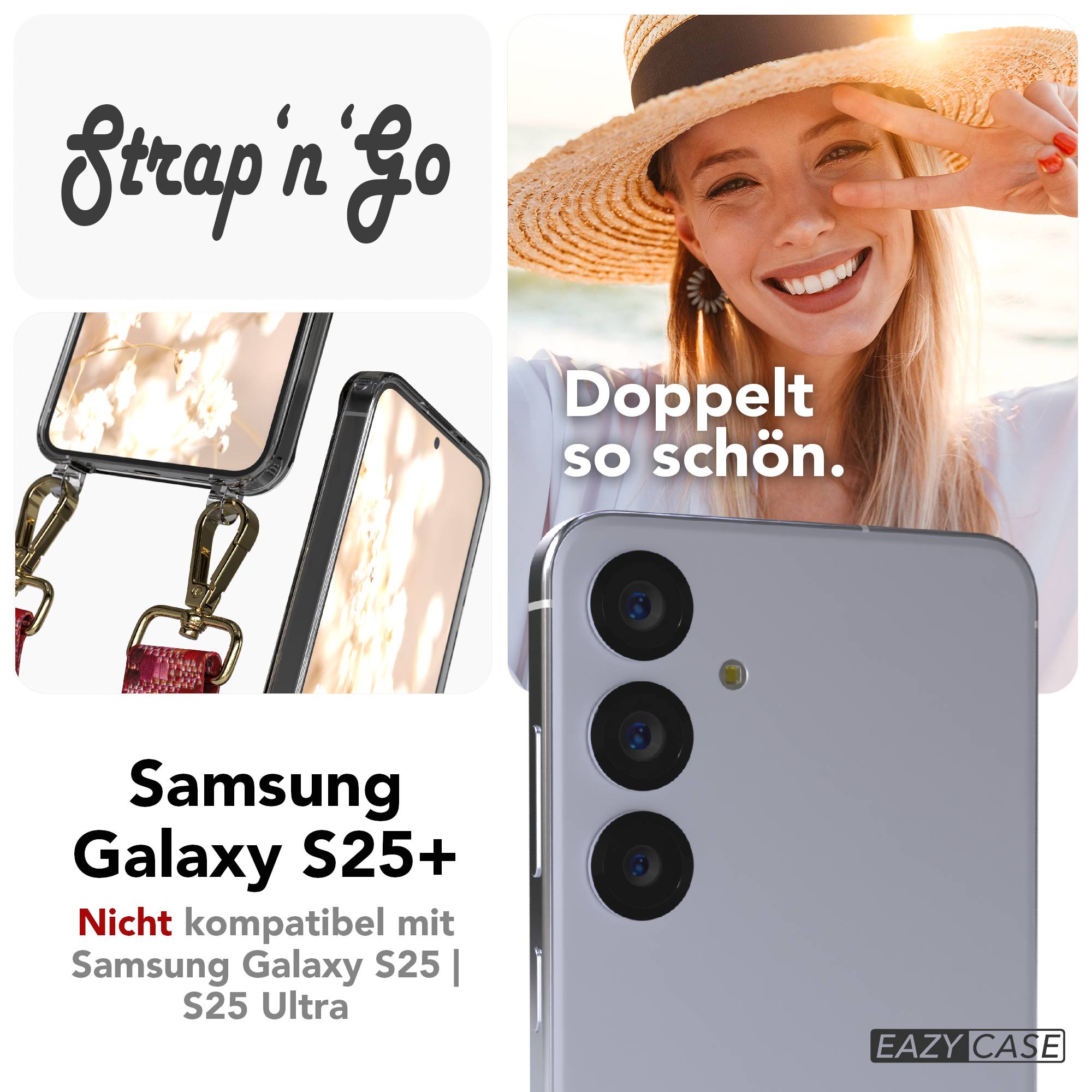 Samsung Galaxy S25 Plus Handykette mit Boho Band verstellbarer Trageriemen #farbe_beere-metallfarbe-gold