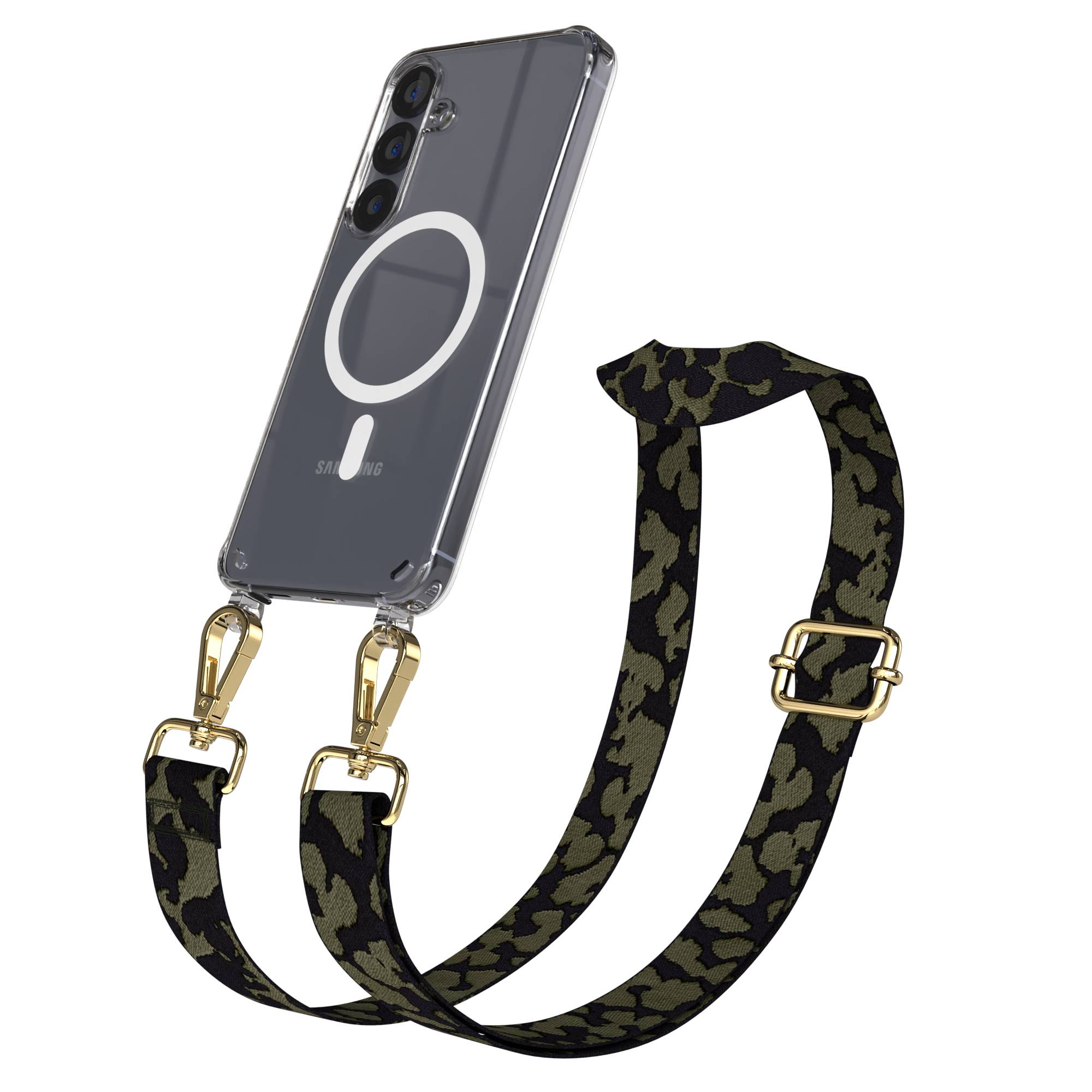 Samsung Galaxy S25 Handykette MagSafe mit verstellbarem Boho Band Set #farbe_dunkelgrun-camouflage-metallfarbe-gold